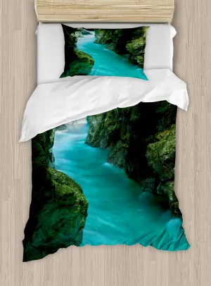 Ambesonne Waterfall Duvet Cover Set, Tolminka Alpine River Water and Caves Exotic Nature Travel Picture, Decorative 2 Piece Bedding Set with 1 Pillow Sham, Twin Size, Turquoise Dark Green