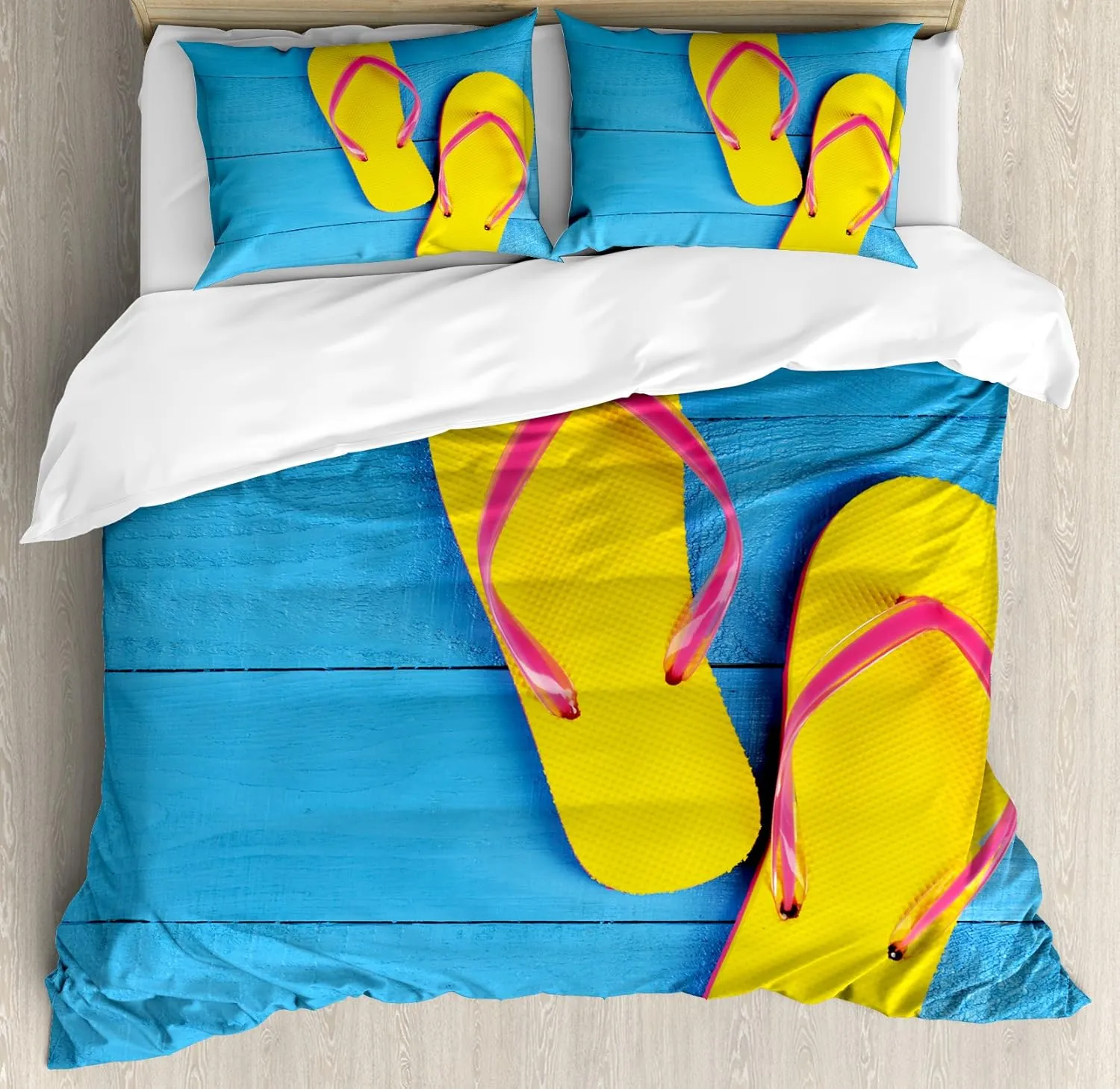 Ambesonne Yellow and Blue Duvet Cover Set, Flip Flops on Wooden Pier Cheerful Holiday Travel Relax Image, Decorative 3 Piece Bedding Set with 2 Pillow Shams, King Size, Pink Blue