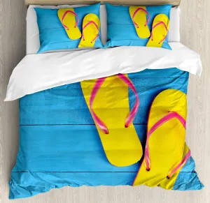 Ambesonne Yellow and Blue Duvet Cover Set, Flip Flops on Wooden Pier Cheerful Holiday Travel Relax Image, Decorative 3 Piece Bedding Set with 2 Pillow Shams, King Size, Pink Blue