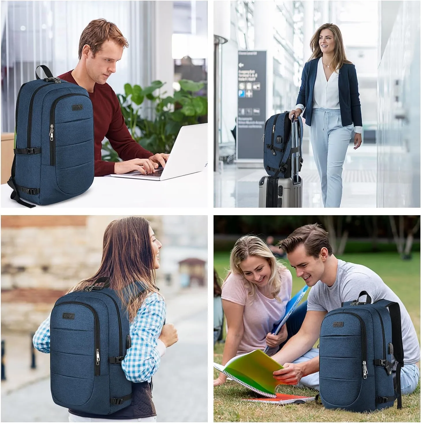 AMBOR 15.6-17.3 Inch Laptop Backpack, Anti Theft Business Travel Backpack with USB Charging Port and Headphone Interface, Water Resistant Computer Bag for Men & Women, Blue