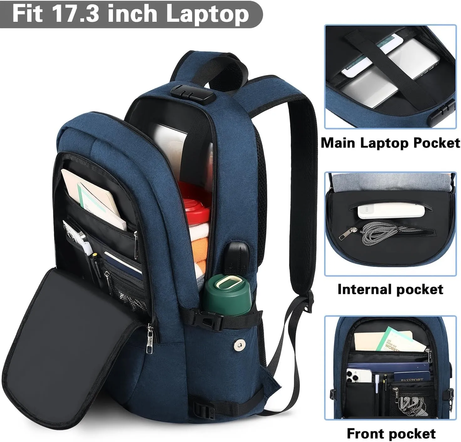 AMBOR 15.6-17.3 Inch Laptop Backpack, Anti Theft Business Travel Backpack with USB Charging Port and Headphone Interface, Water Resistant Computer Bag for Men & Women, Blue