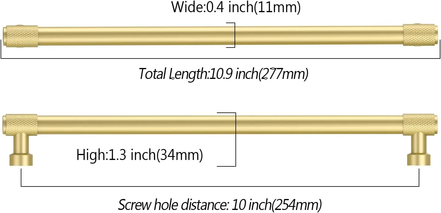 Amerdeco 10 Pack Brushed Gold Knurled Cabinet Pulls 10 Inch(254mm) Hole Center Kitchen Cabinet Handles Drawer Pulls Cabinet Hardware ZH0034