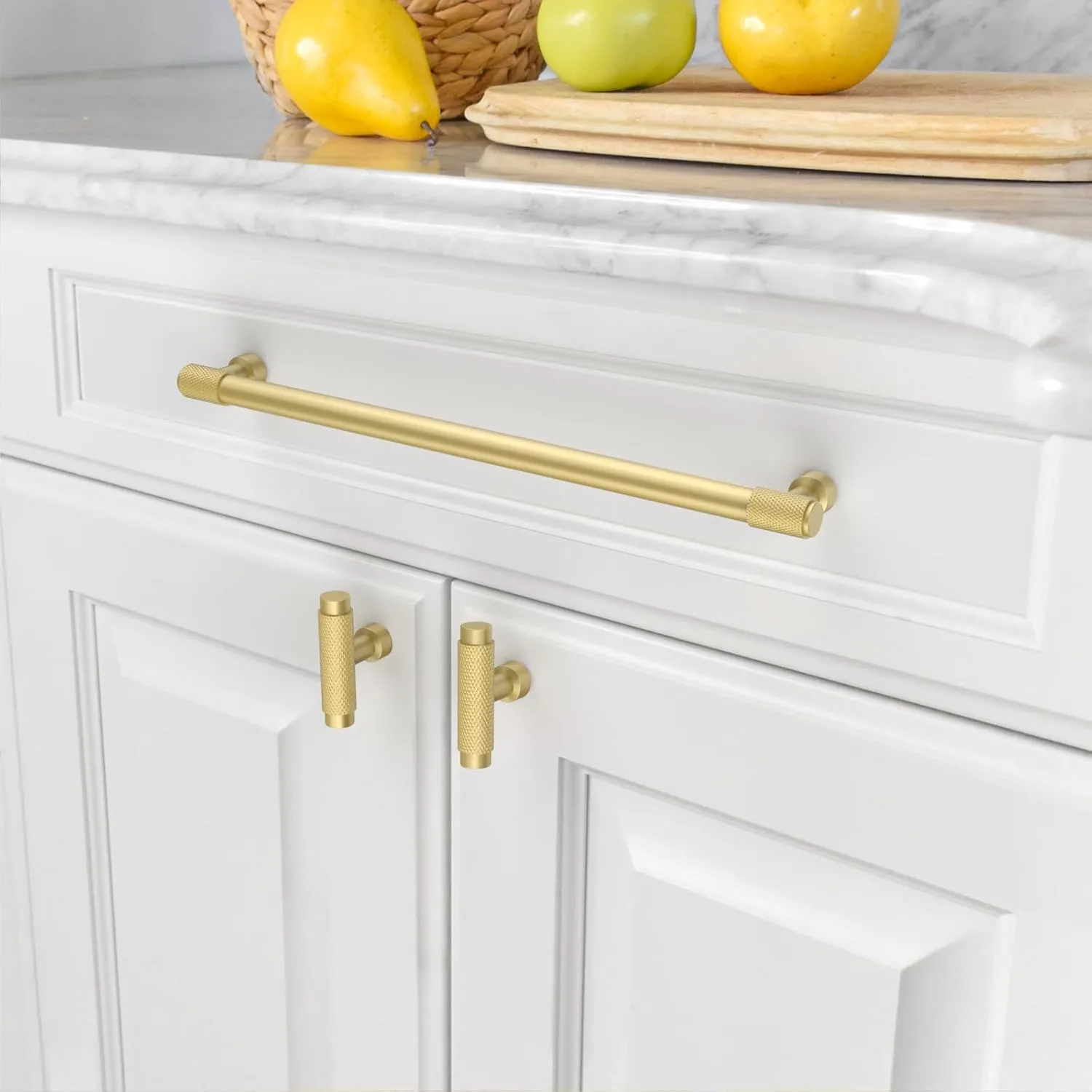 Amerdeco 10 Pack Brushed Gold Knurled Cabinet Pulls 10 Inch(254mm) Hole Center Kitchen Cabinet Handles Drawer Pulls Cabinet Hardware ZH0034