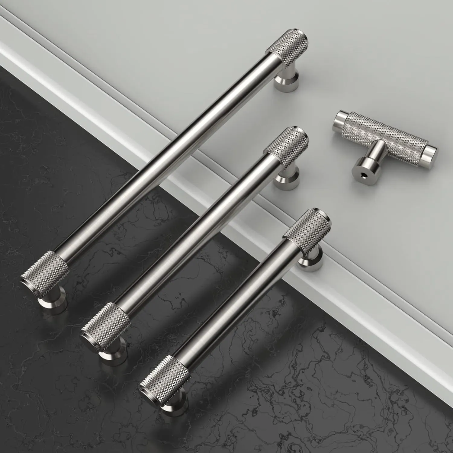Amerdeco 10 Pack Brushed Satin Nickel Knurled Cabinet Pulls 10 Inch(254mm) Hole Center Kitchen Cabinet Handles Drawer Pulls Cabinet Hardware ZH0034