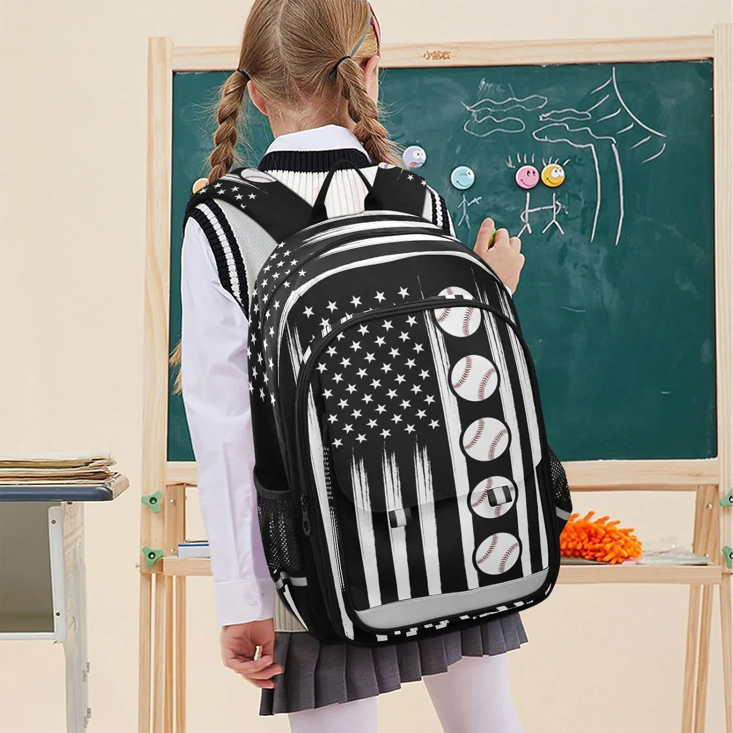 American Flag Baseball Backpack School Bag Lightweight Laptop Backpack Students Travel Daypack with Reflective Stripes