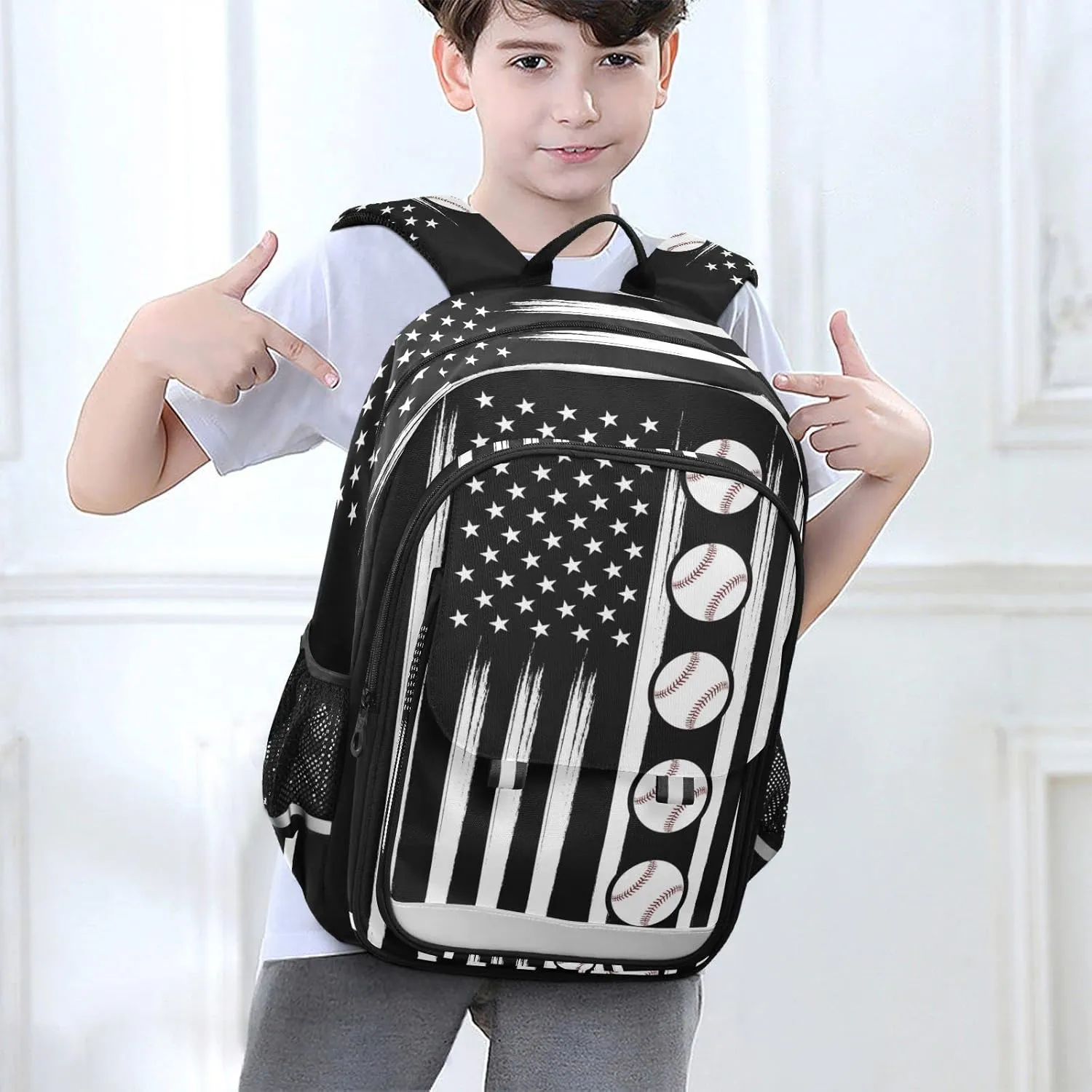 American Flag Baseball Backpack School Bag Lightweight Laptop Backpack Students Travel Daypack with Reflective Stripes