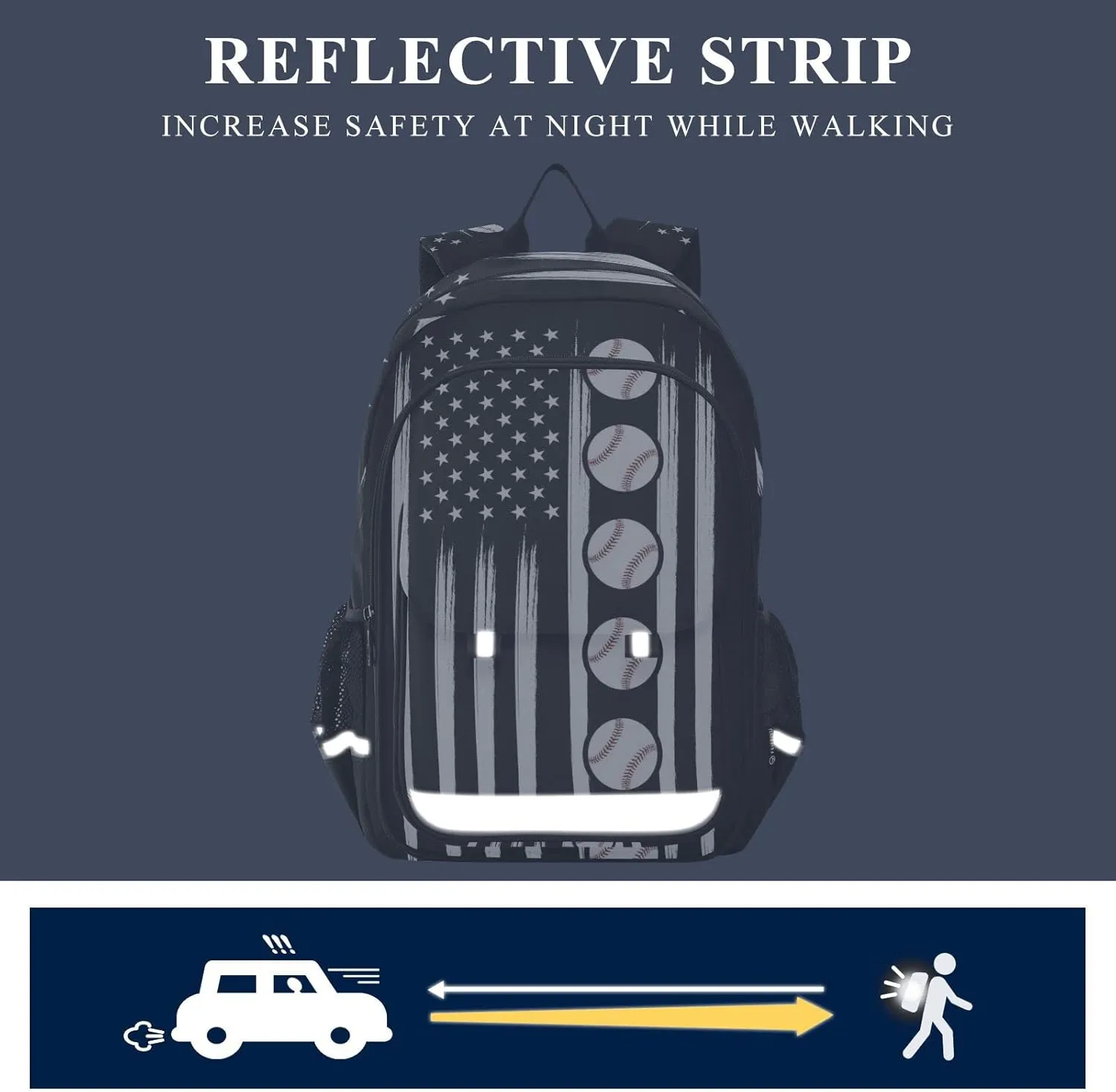 American Flag Baseball Backpack School Bag Lightweight Laptop Backpack Students Travel Daypack with Reflective Stripes