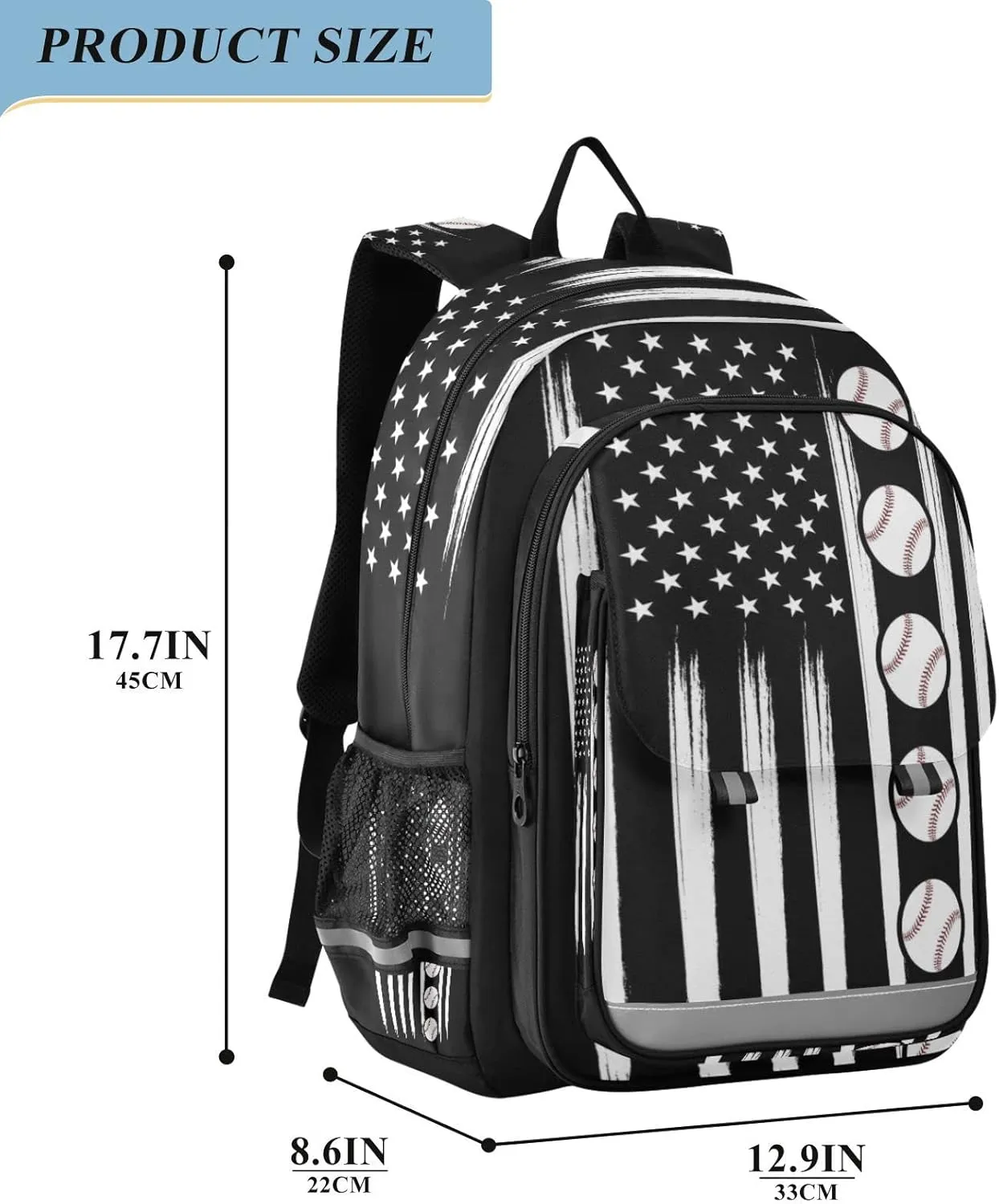 American Flag Baseball Backpack School Bag Lightweight Laptop Backpack Students Travel Daypack with Reflective Stripes