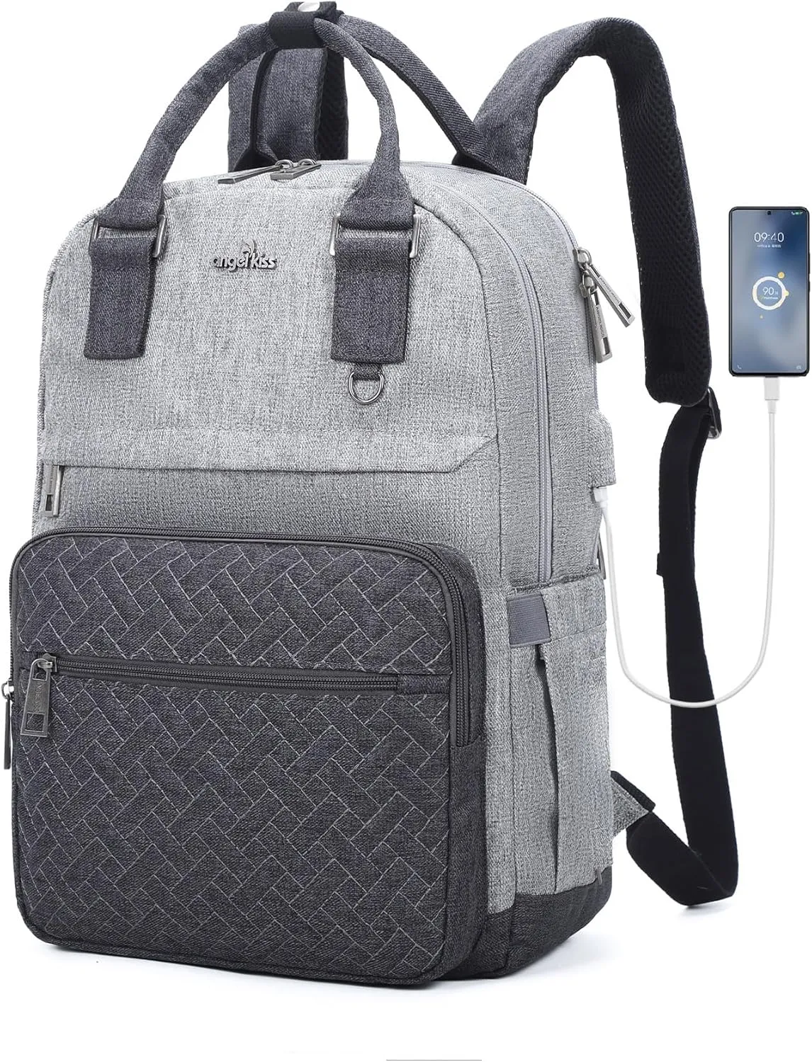 Angel Kiss Backpack Purse for Women, Large Travel Backpack with USB Port, Anti-Theft Design, Water-Resistant Daypack for Casual and Business for Work Grey