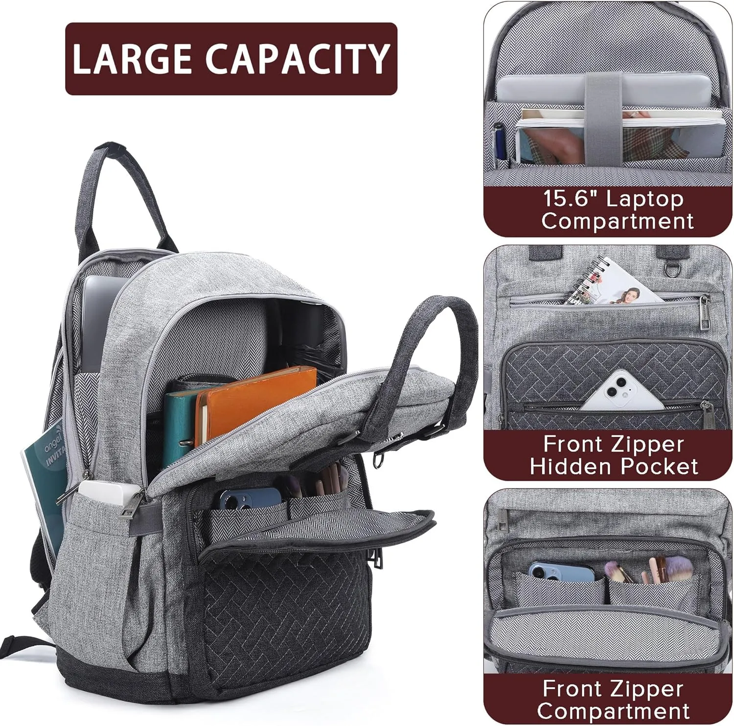 Angel Kiss Backpack Purse for Women, Large Travel Backpack with USB Port, Anti-Theft Design, Water-Resistant Daypack for Casual and Business for Work Grey