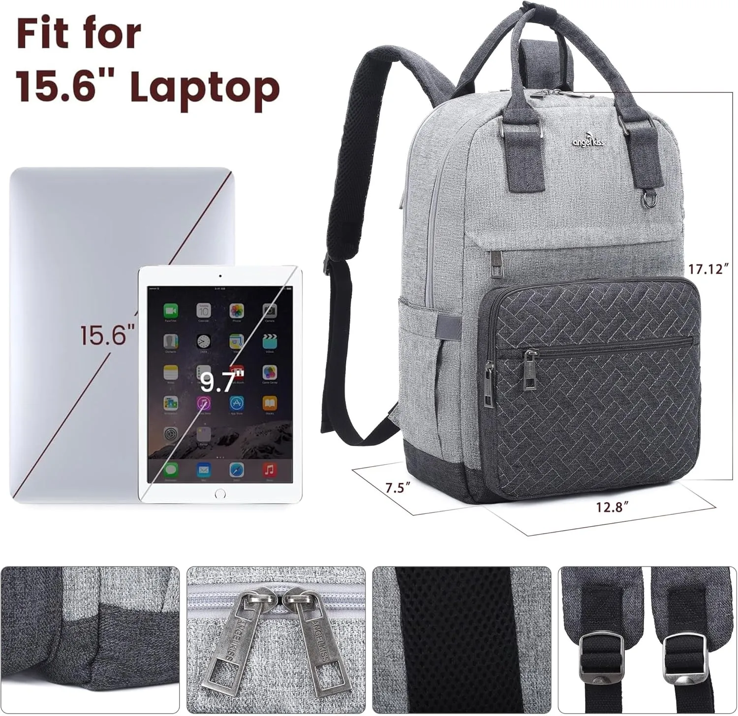 Angel Kiss Backpack Purse for Women, Large Travel Backpack with USB Port, Anti-Theft Design, Water-Resistant Daypack for Casual and Business for Work Grey