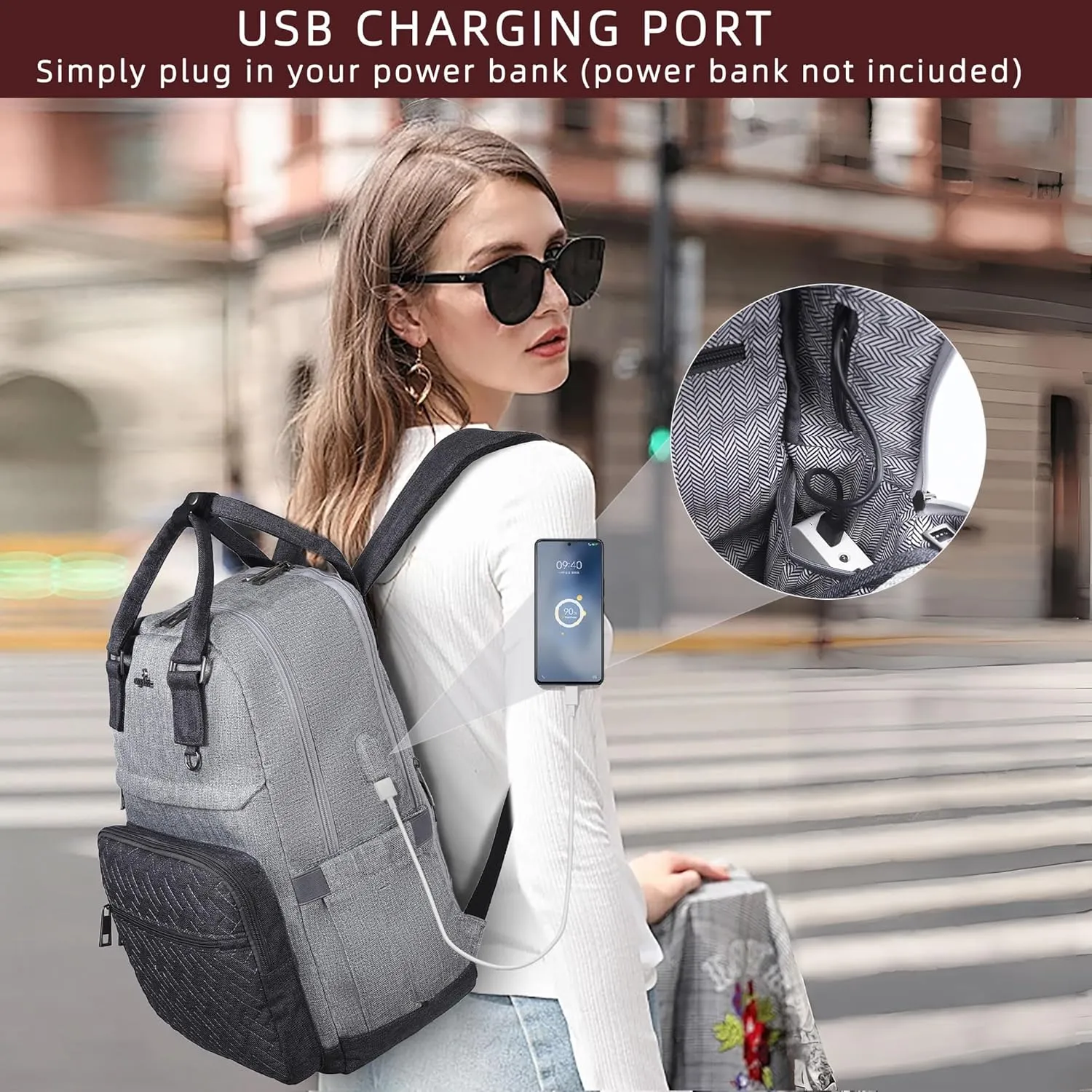 Angel Kiss Backpack Purse for Women, Large Travel Backpack with USB Port, Anti-Theft Design, Water-Resistant Daypack for Casual and Business for Work Grey