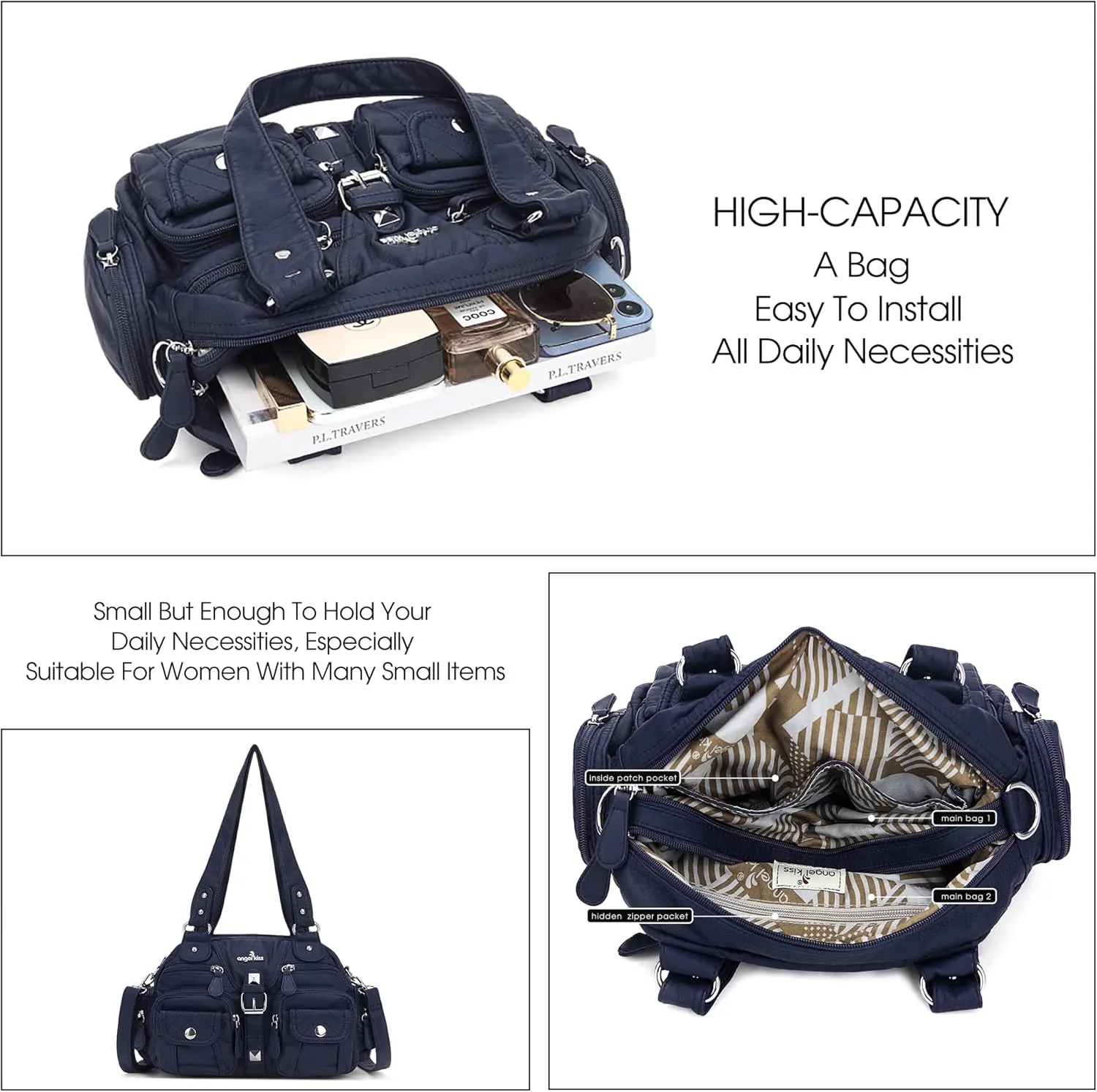 Angel Kiss Hobo Crossbody Purses for Women Shoulder Bag Multipocket Soft Hobo Purses Removable Strap Leather Handbags