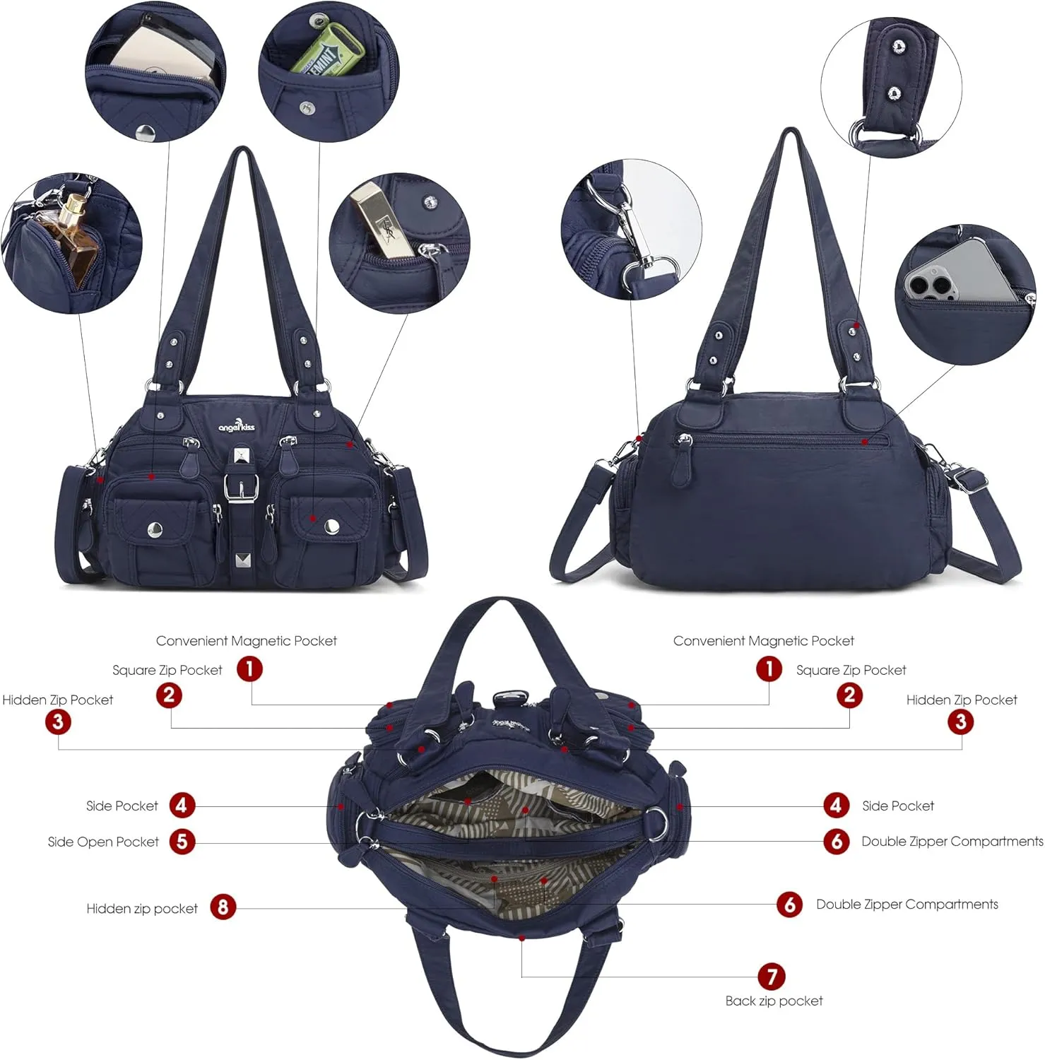 Angel Kiss Hobo Crossbody Purses for Women Shoulder Bag Multipocket Soft Hobo Purses Removable Strap Leather Handbags