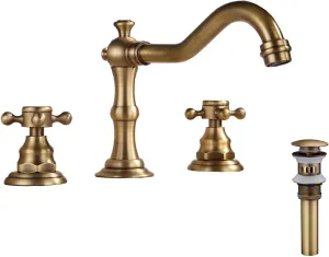 Antique Brass 2 Handles 3 Holes 8-16 inch Widespread Bathroom Sink Faucet Matching With Pop Up Drain With Overflow