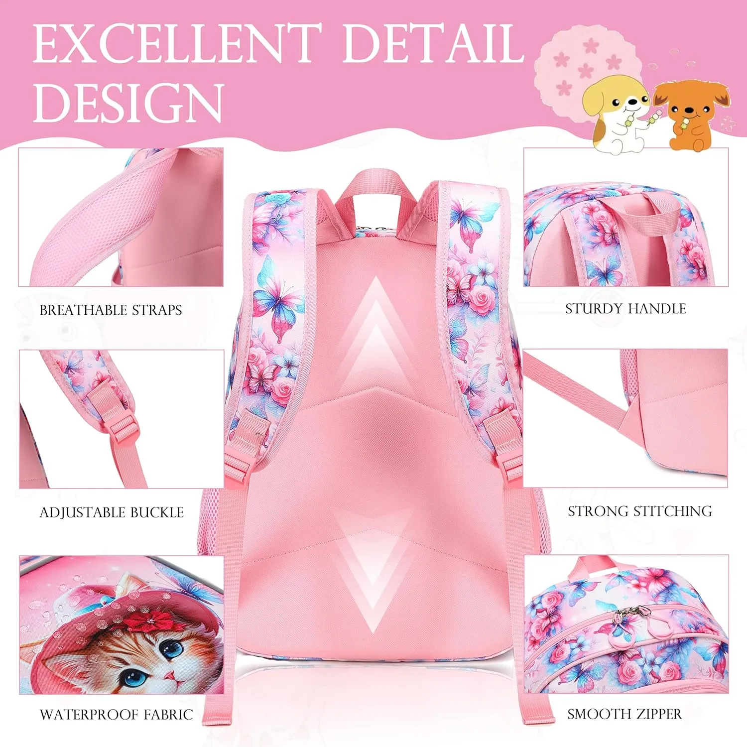 AO ALI VICTORY 3 Piece Backpack Set for Girls Boys, Kids 15.6" School Laptop Bag,Girl Bookbag Kindergarten Elementary Toddler Backpacks with Lunch Box Pencil Case for Teens Student,Kawaii Cat