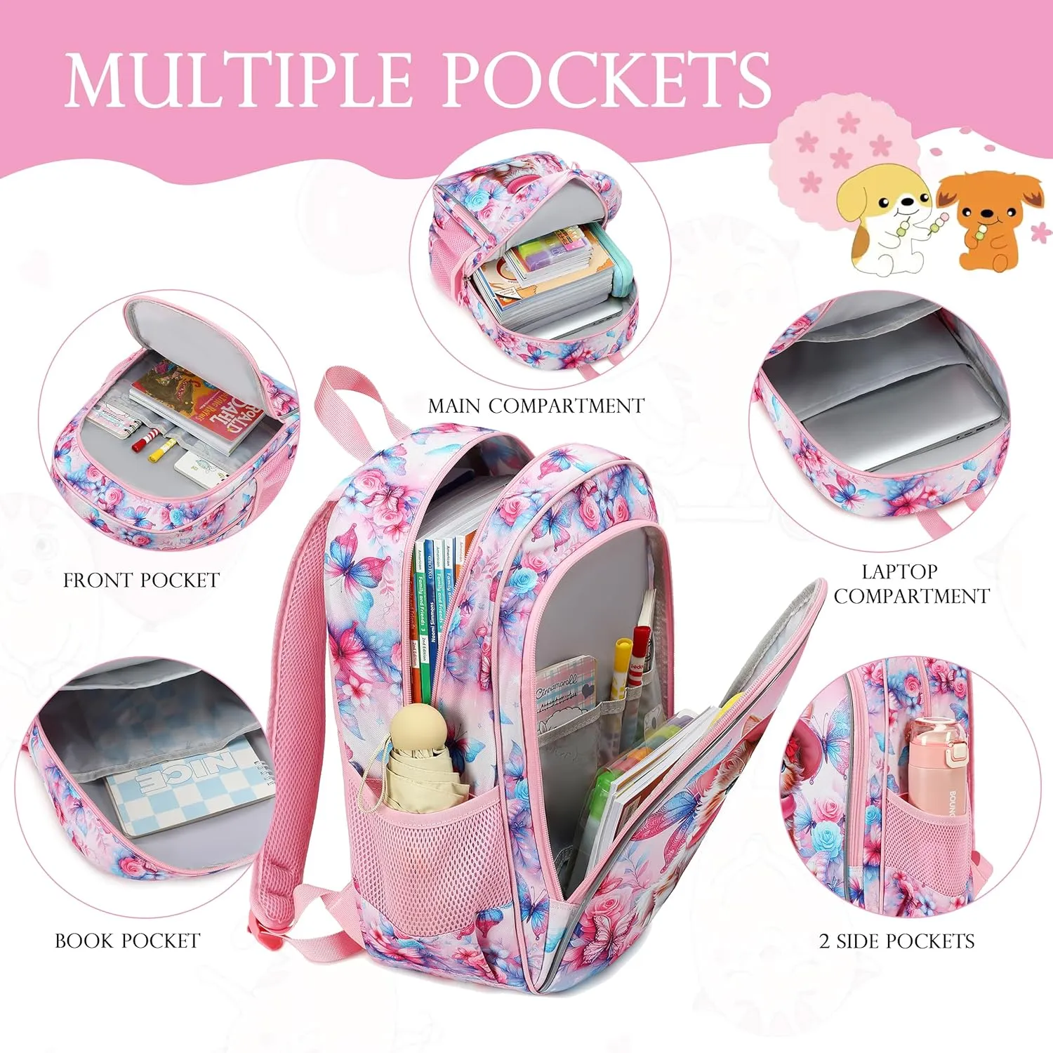 AO ALI VICTORY 3 Piece Backpack Set for Girls Boys, Kids 15.6" School Laptop Bag,Girl Bookbag Kindergarten Elementary Toddler Backpacks with Lunch Box Pencil Case for Teens Student,Kawaii Cat