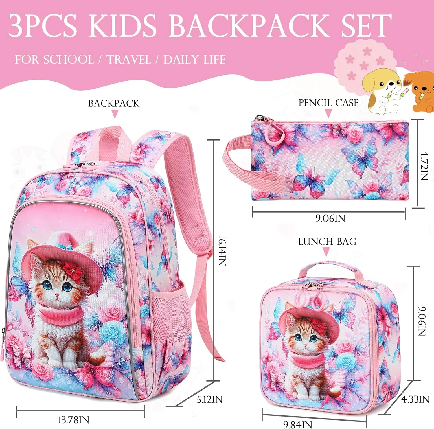 AO ALI VICTORY 3 Piece Backpack Set for Girls Boys, Kids 15.6" School Laptop Bag,Girl Bookbag Kindergarten Elementary Toddler Backpacks with Lunch Box Pencil Case for Teens Student,Kawaii Cat