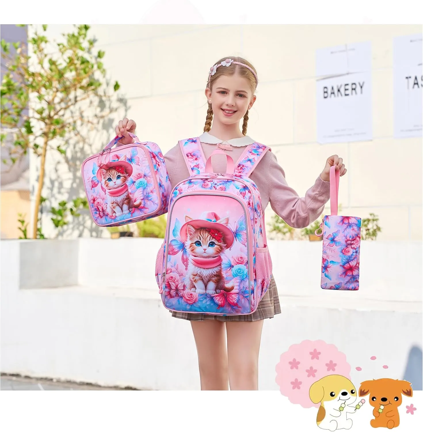 AO ALI VICTORY 3 Piece Backpack Set for Girls Boys, Kids 15.6" School Laptop Bag,Girl Bookbag Kindergarten Elementary Toddler Backpacks with Lunch Box Pencil Case for Teens Student,Kawaii Cat