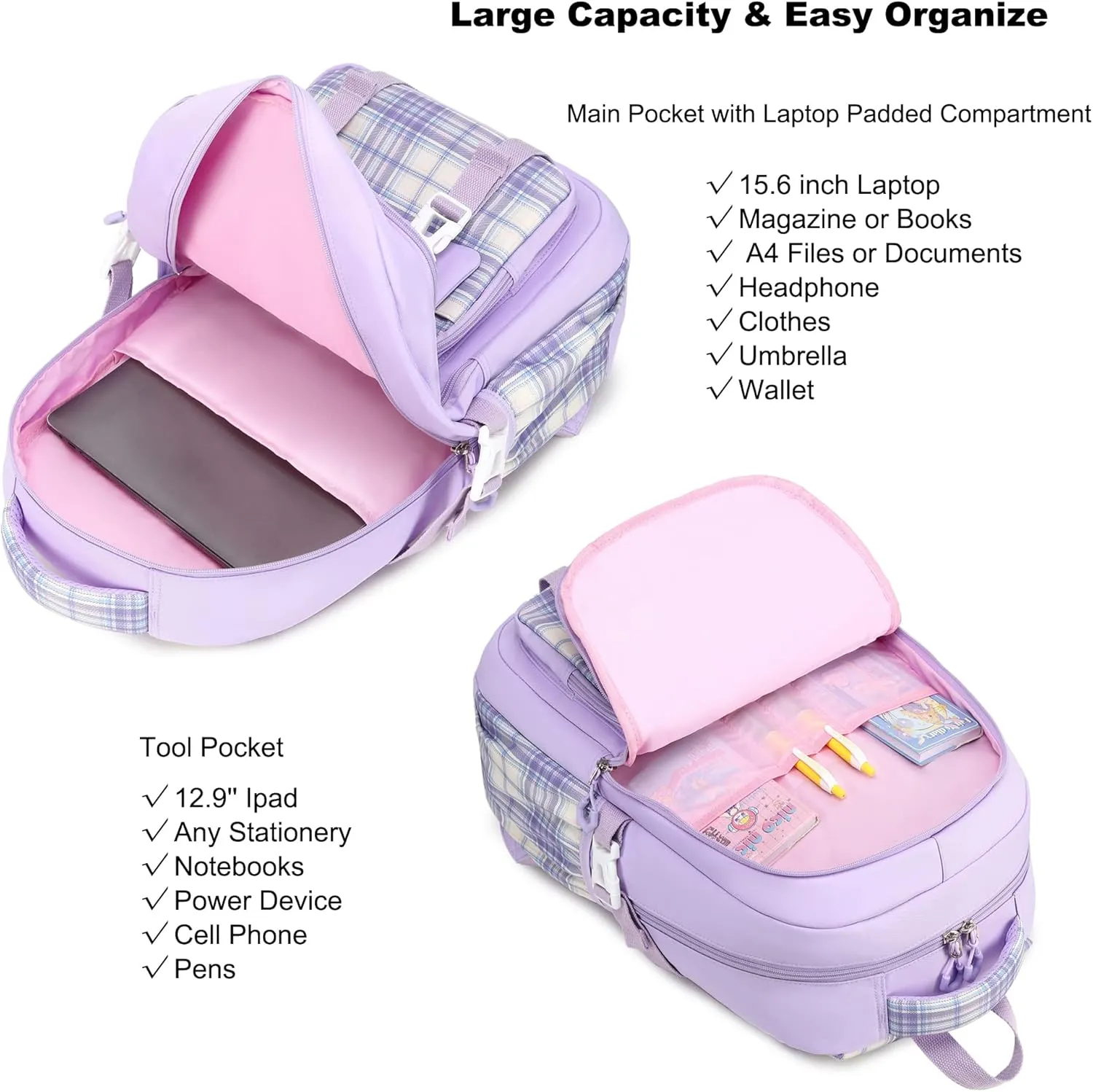 AO ALI VICTORY Girls Backpack 15.6 Inch Laptop School Bag Cute Kids Elementary College Backpacks Large Bookbags for Teen Girl Women Students Anti Theft Travel Daypack - Purple
