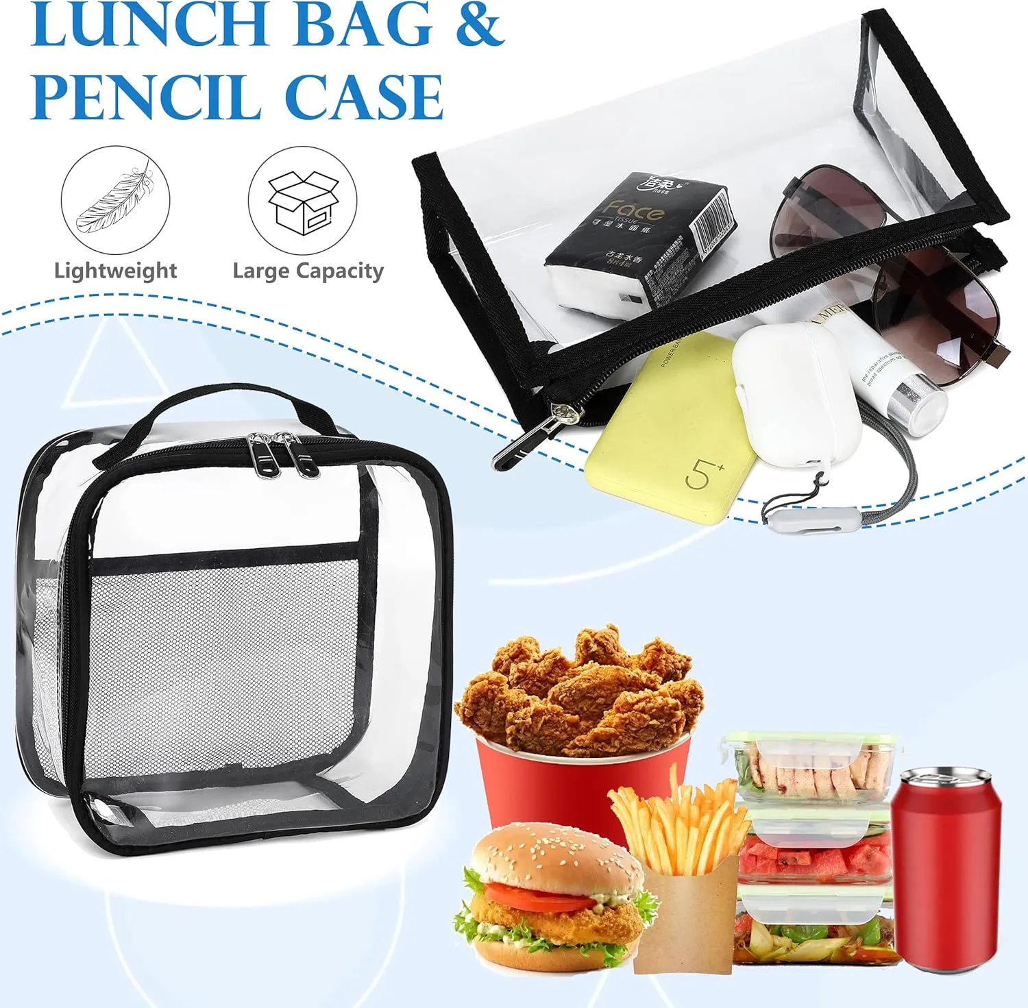 AO ALI VICTORY Large Clear Backpack for Women Men Girls School College Bookbag with Lunch Box Pencil Bag PVC Transparent Backpacks See Through Daypack for Sport Events Stadiums,Work,Travel,Black Set