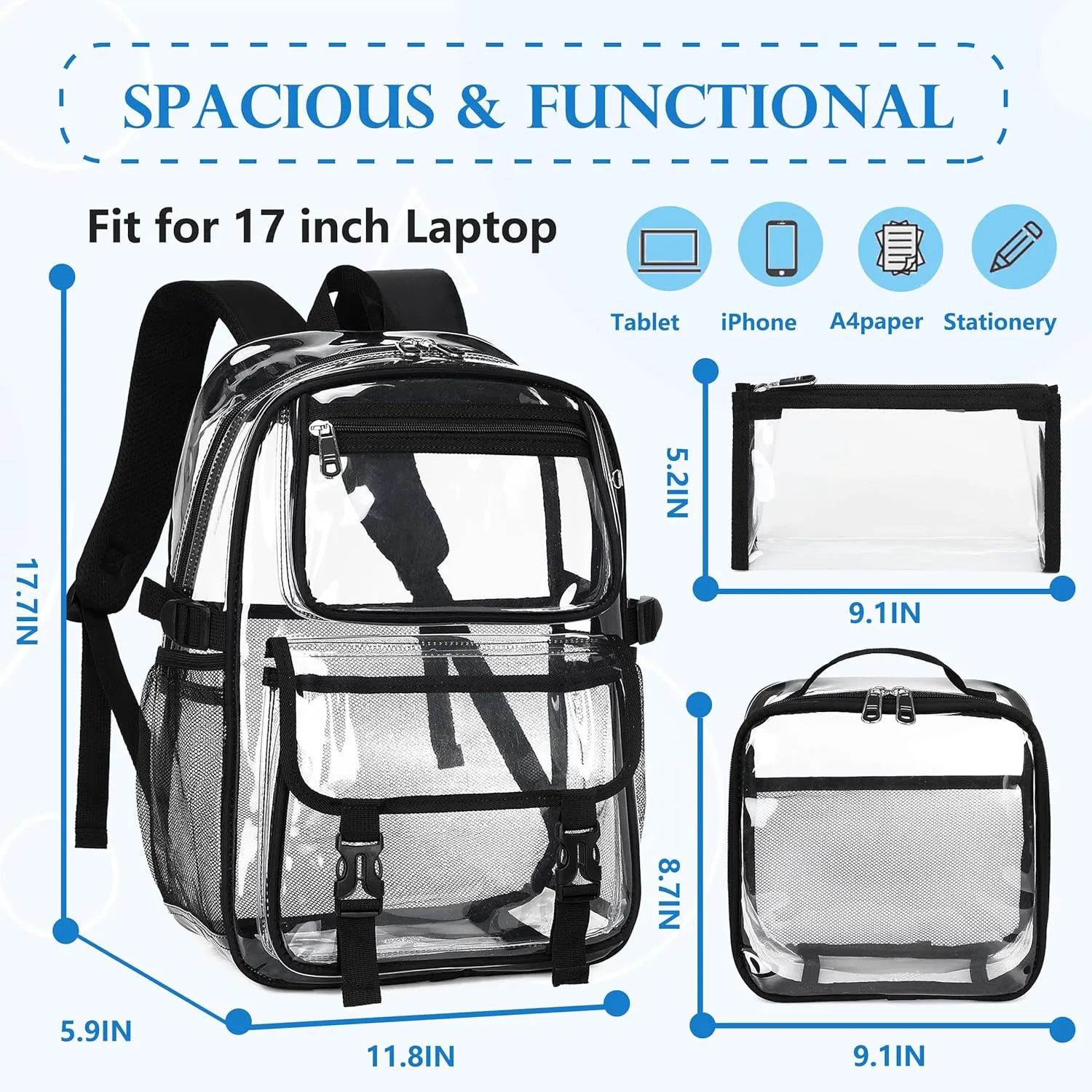 AO ALI VICTORY Large Clear Backpack for Women Men Girls School College Bookbag with Lunch Box Pencil Bag PVC Transparent Backpacks See Through Daypack for Sport Events Stadiums,Work,Travel,Black Set
