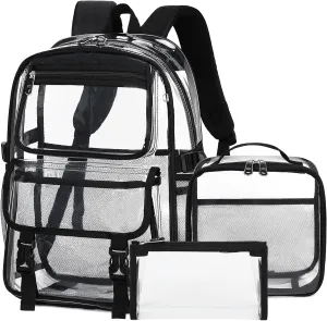 AO ALI VICTORY Large Clear Backpack for Women Men Girls School College Bookbag with Lunch Box Pencil Bag PVC Transparent Backpacks See Through Daypack for Sport Events Stadiums,Work,Travel,Black Set