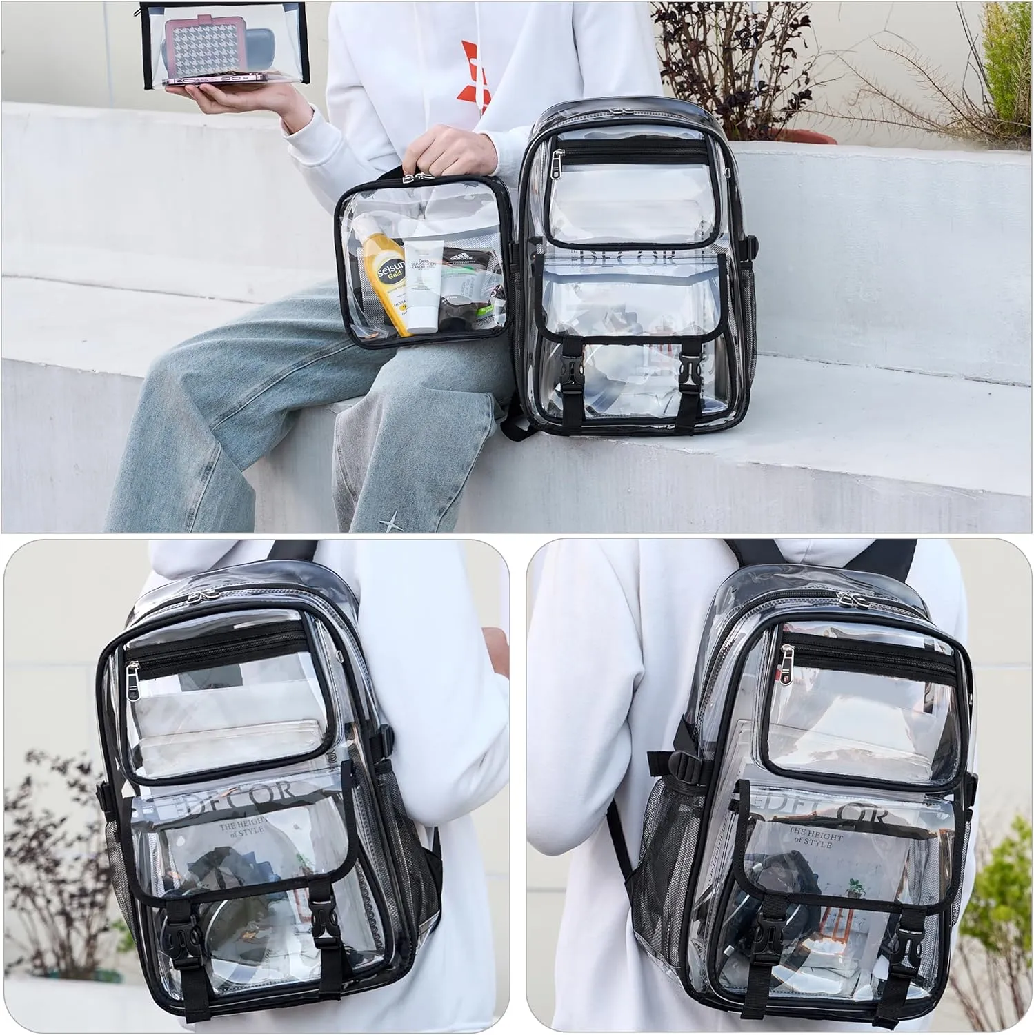 AO ALI VICTORY Large Clear Backpack for Women Men Girls School College Bookbag with Lunch Box Pencil Bag PVC Transparent Backpacks See Through Daypack for Sport Events Stadiums,Work,Travel,Black Set