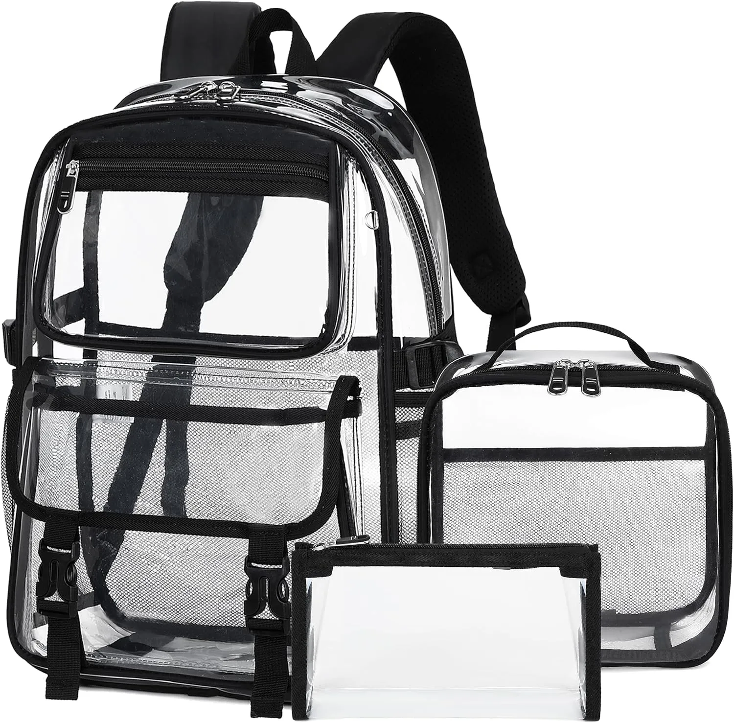 AO ALI VICTORY Large Clear Backpack for Women Men Girls School College Bookbag with Lunch Box Pencil Bag PVC Transparent Backpacks See Through Daypack for Sport Events Stadiums,Work,Travel,Black Set