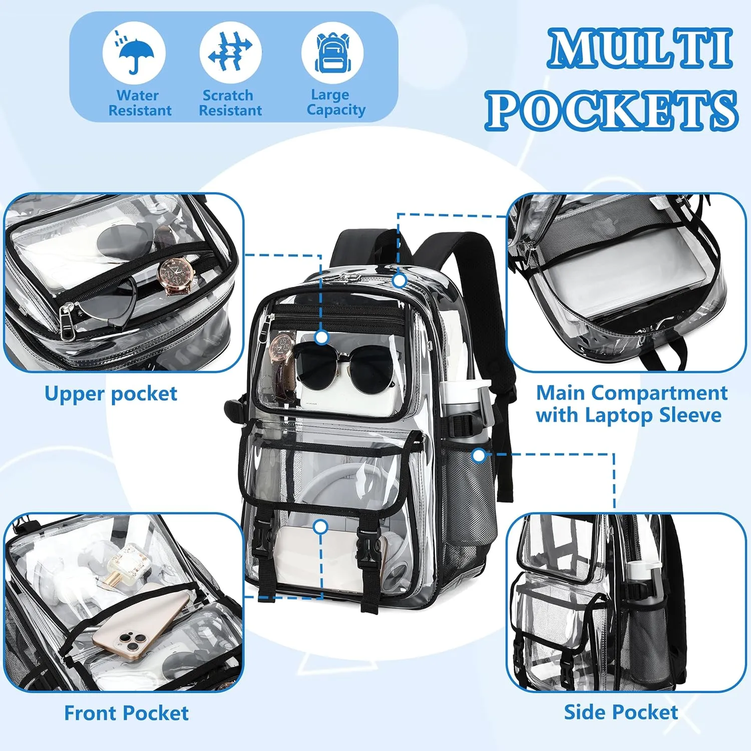 AO ALI VICTORY Large Clear Backpack for Women Men Girls School College Bookbag with Lunch Box Pencil Bag PVC Transparent Backpacks See Through Daypack for Sport Events Stadiums,Work,Travel,Black Set