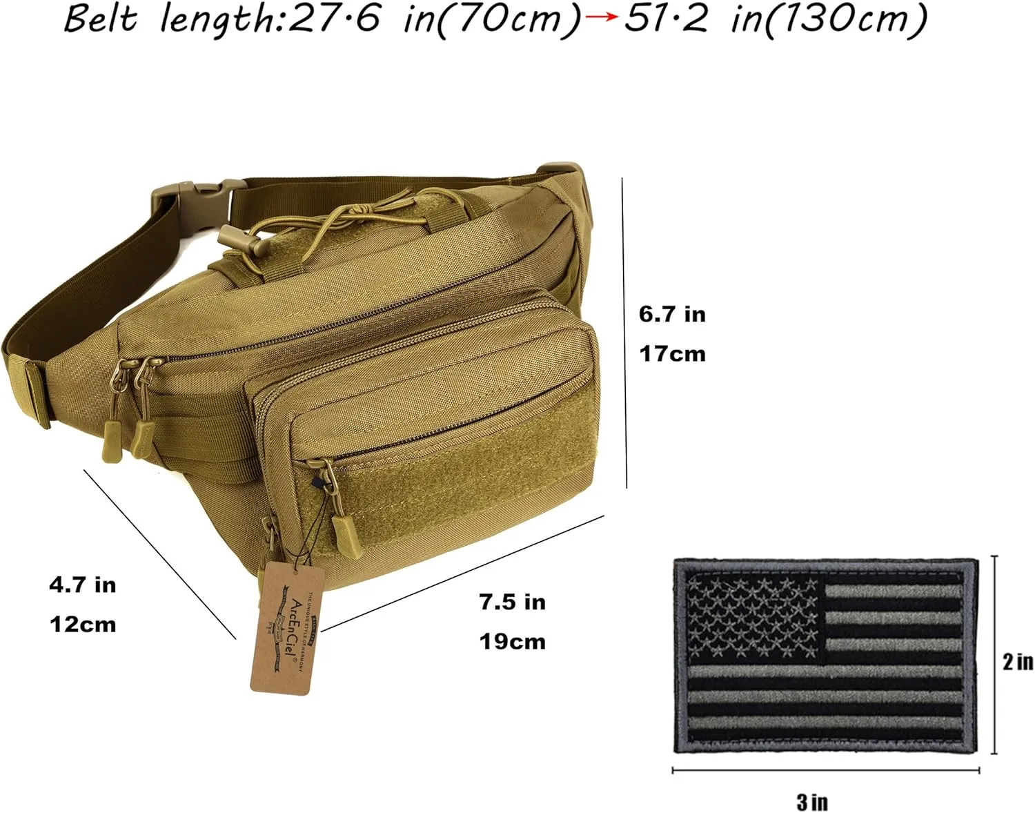 ArcEnCiel Tactical Fanny Pack for Men Waist Bag Military Hip Belt Outdoor Hiking Fishing Bumbag with Patch