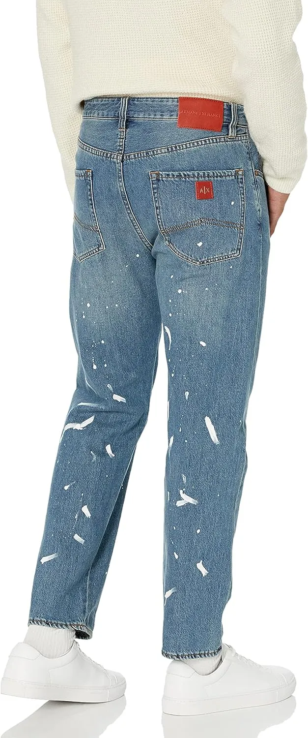 Armani Exchange Men's Splatter Paint Medium Blue Tapered Denim Jeans