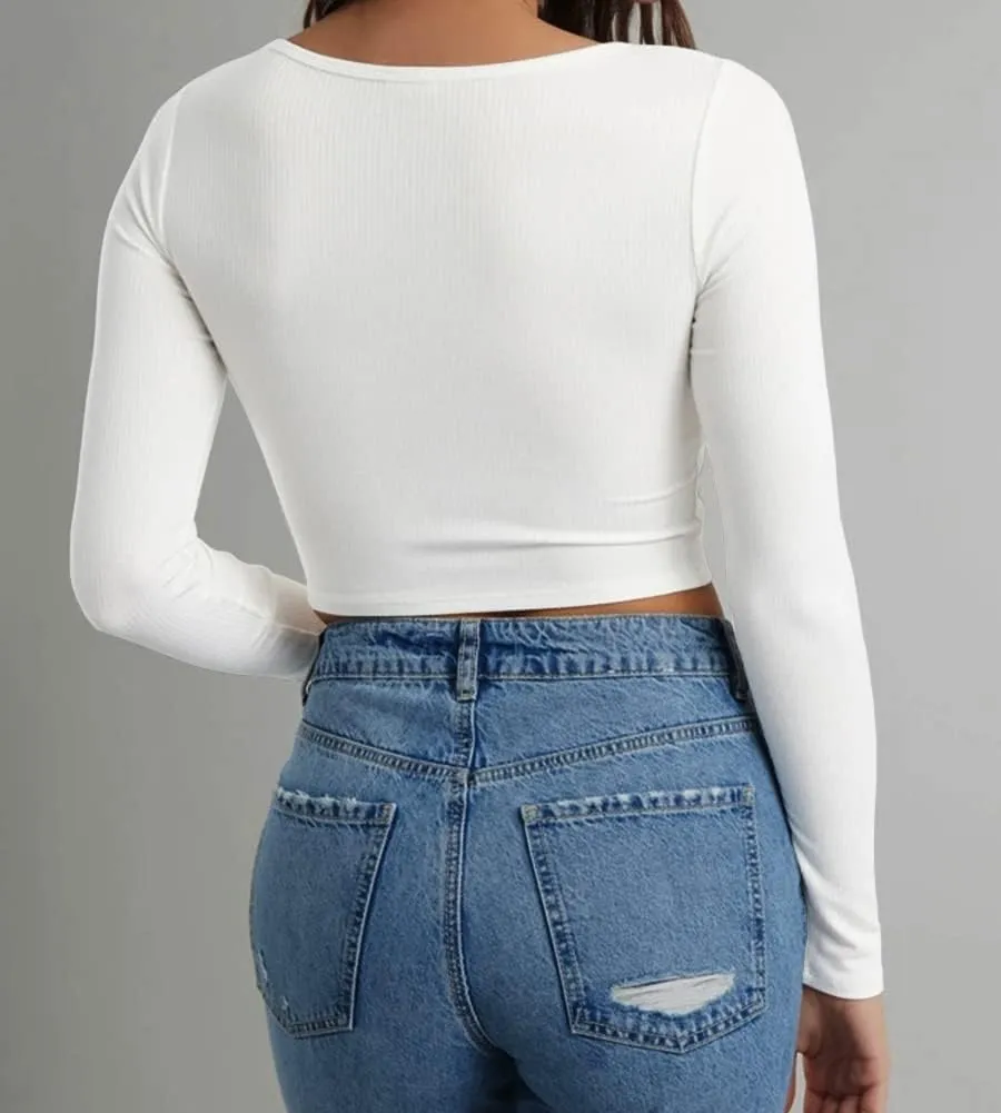 Artfish Women's Long Sleeve Scoop Neck V Notch Ribbed Slim Fitted Casual Basic Crop Top