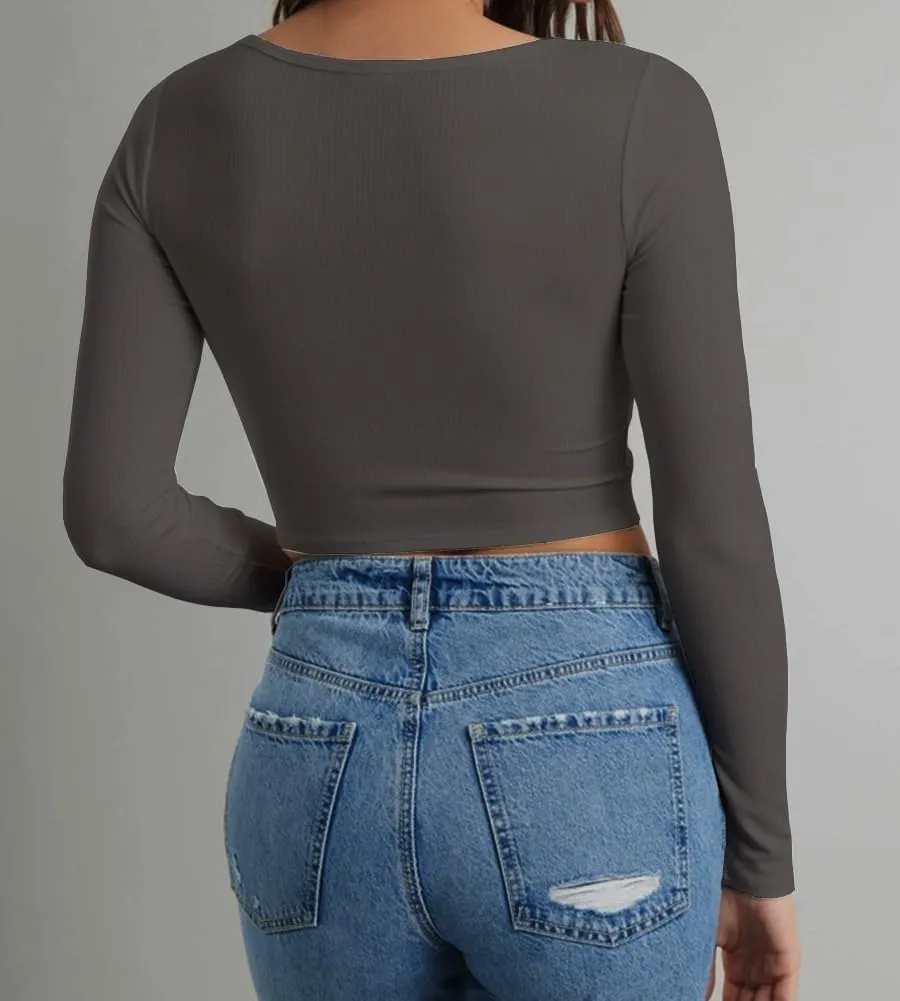 Artfish Women's Long Sleeve Scoop Neck V Notch Ribbed Slim Fitted Casual Basic Crop Top