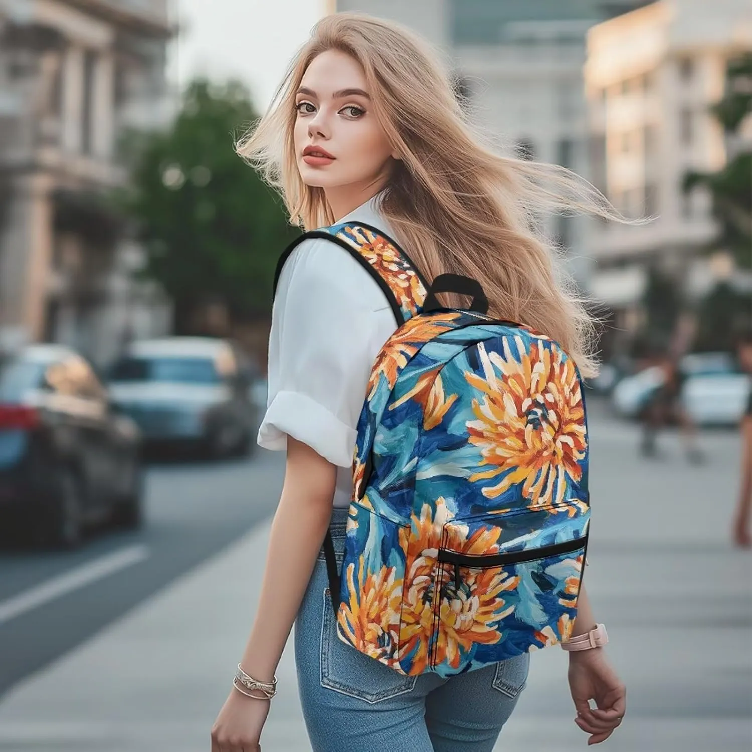 Artistic Chrysanthemum Print Kids Backpack with Floral Design Lightweight School Bookbag for School Hiking Travel