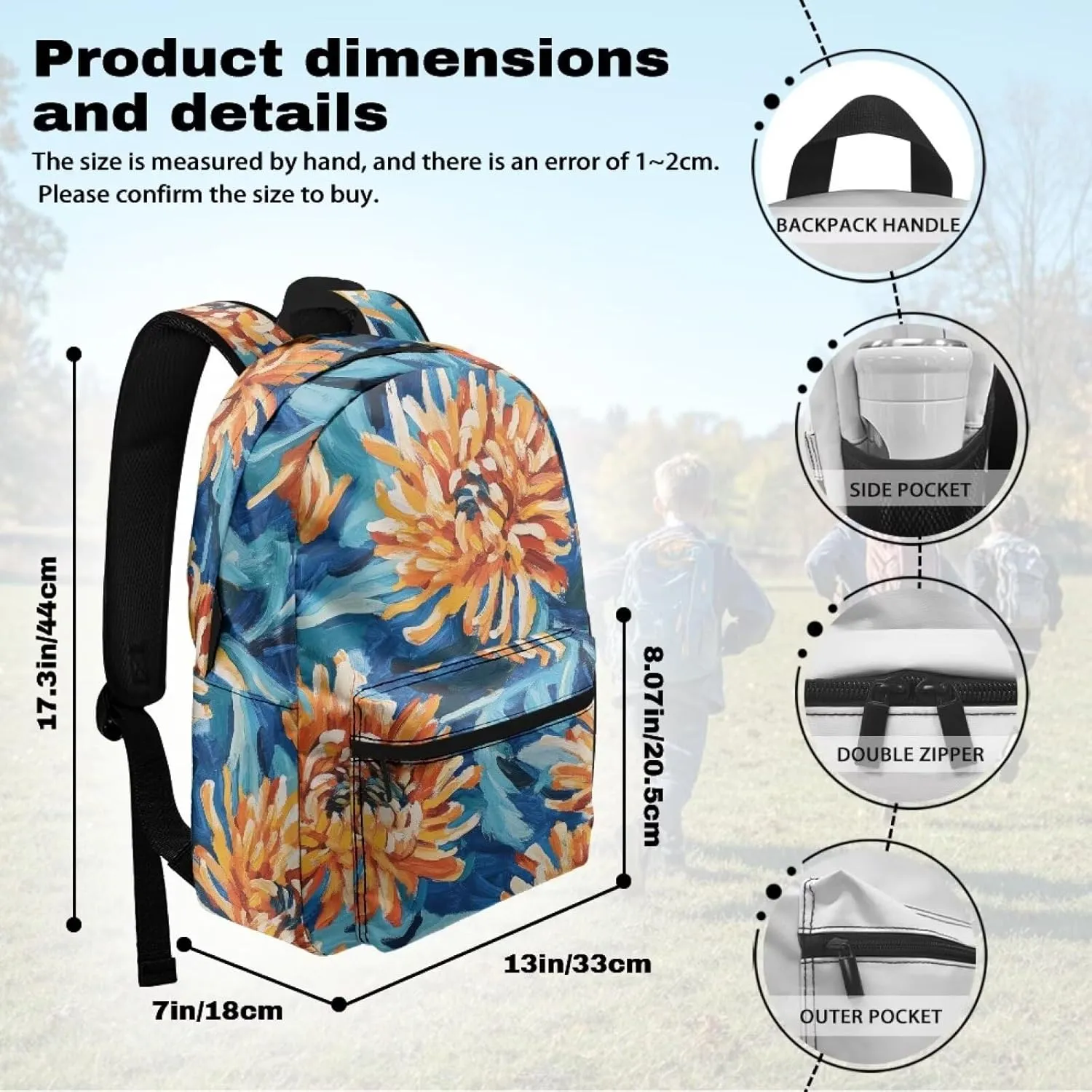 Artistic Chrysanthemum Print Kids Backpack with Floral Design Lightweight School Bookbag for School Hiking Travel