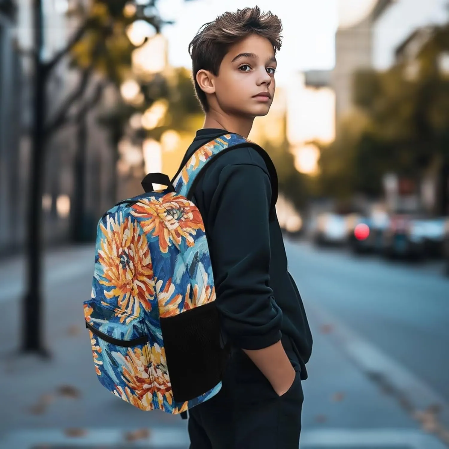 Artistic Chrysanthemum Print Kids Backpack with Floral Design Lightweight School Bookbag for School Hiking Travel