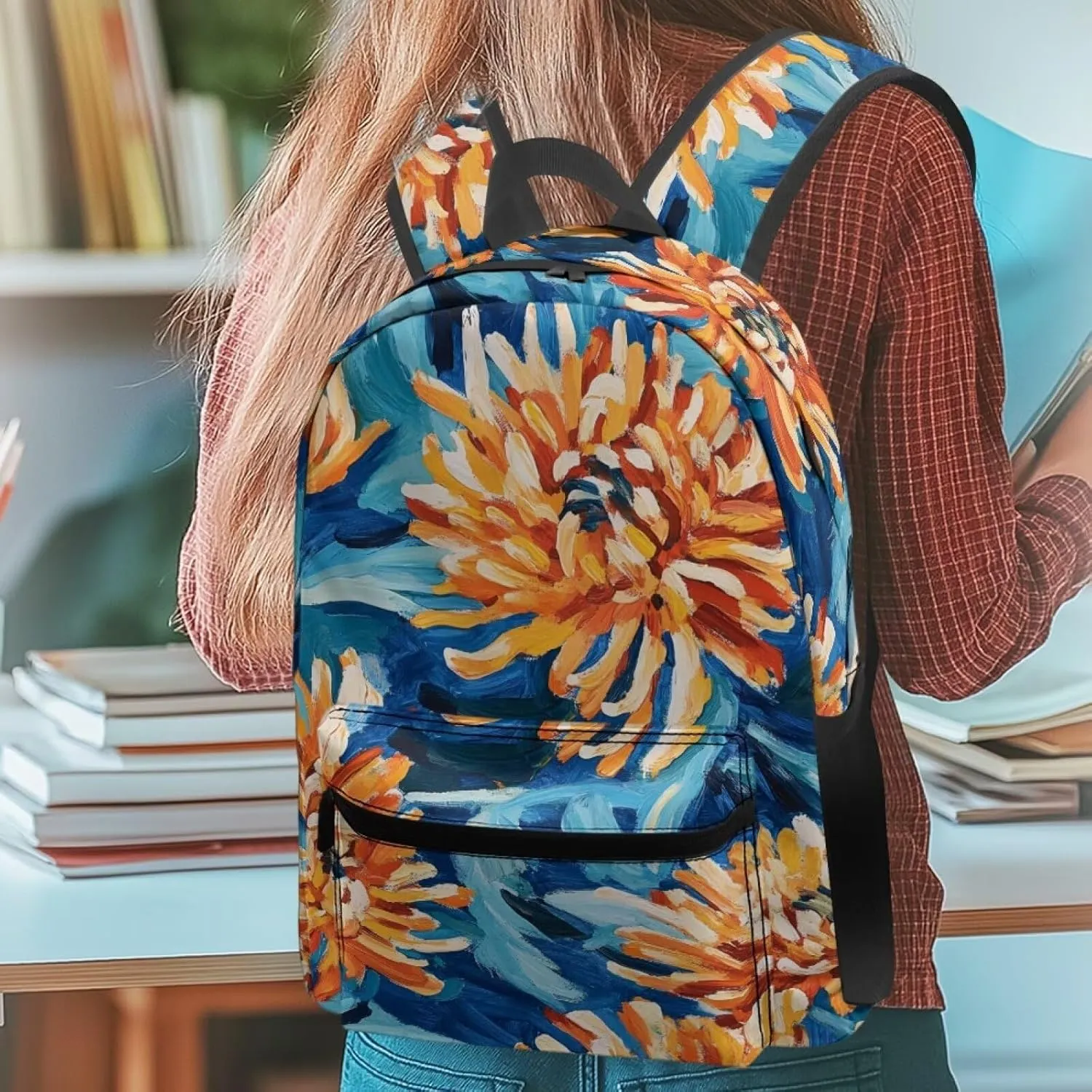 Artistic Chrysanthemum Print Kids Backpack with Floral Design Lightweight School Bookbag for School Hiking Travel