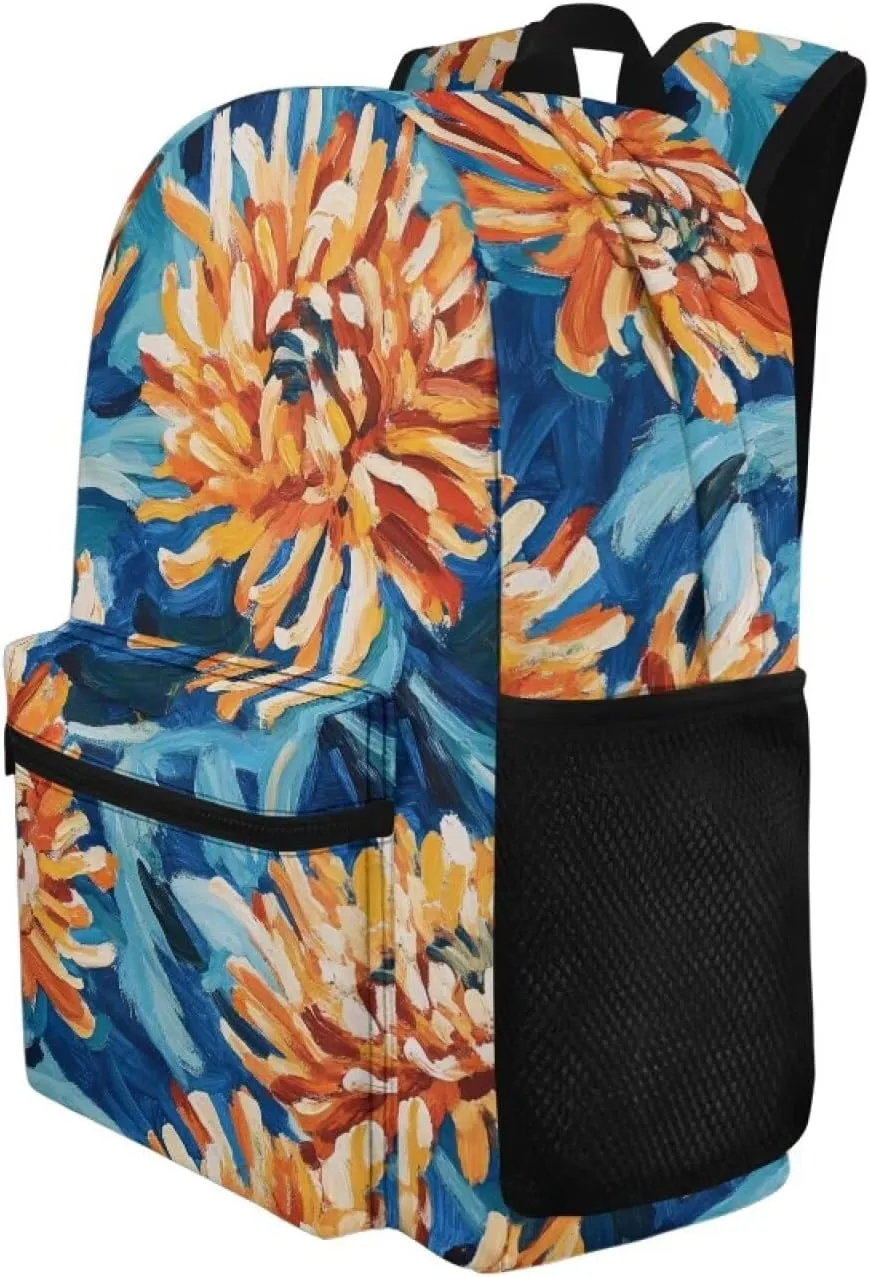 Artistic Chrysanthemum Print Kids Backpack with Floral Design Lightweight School Bookbag for School Hiking Travel