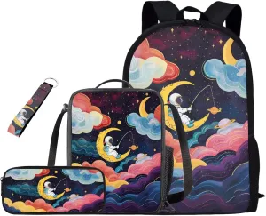 Astronaut Backpack and Lunch Box Set Boys Girls Teens Youth with Pencil Case Keychain Accessories 4pcs School Bag for Boys 8-12 Lightweight Can Hold Your Small Accessories and Stuffs