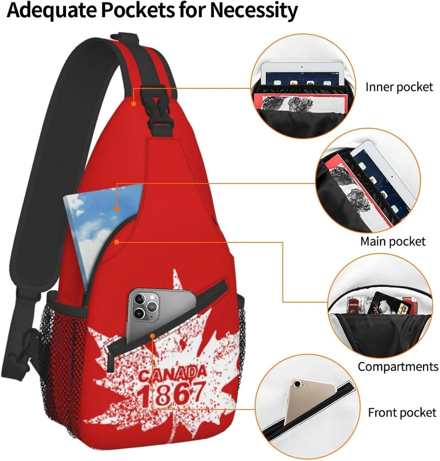 ASYG Canada Sling Bag Canada Flag Crossbody Chest Daypack Casual Backpack Maple Leaf Shoulder Bag For Travel Picnic