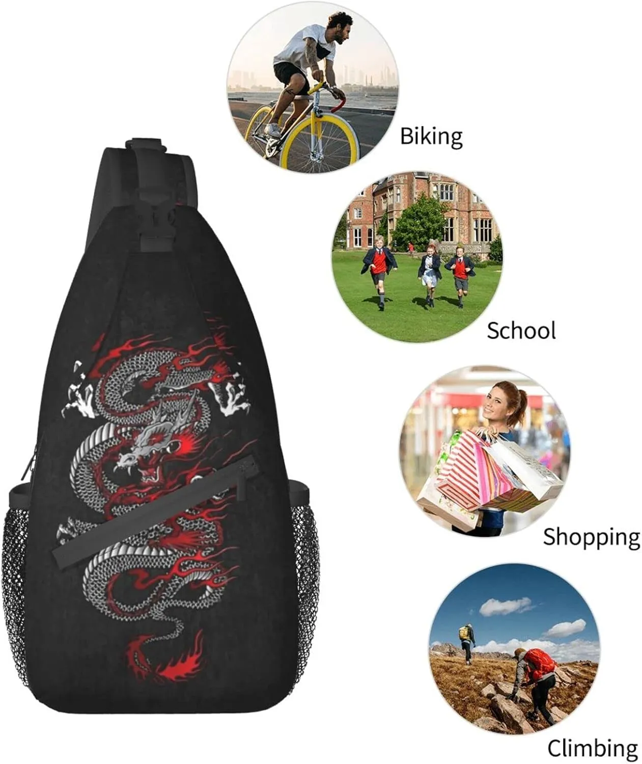 ASYG Dragon Pattern Sling Bag Crossbody Chest Daypack Casual Backpack Cool Shoulder Bag For Travel Hiking Sport Gym