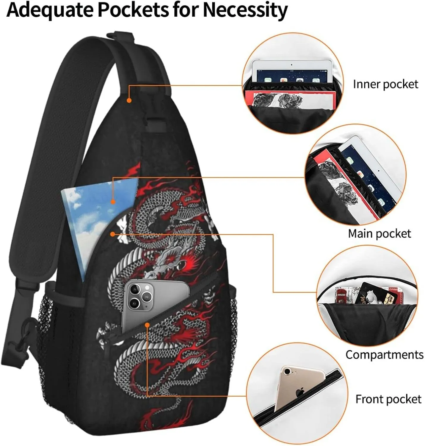 ASYG Dragon Pattern Sling Bag Crossbody Chest Daypack Casual Backpack Cool Shoulder Bag For Travel Hiking Sport Gym