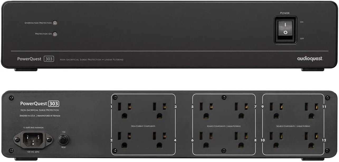 AudioQuest PQ303NA PowerQuest 303 12 Outlet Surge Protector with an AudioQuest MONSOONUS01 1M Wind Series AC Power Cable (2023)
