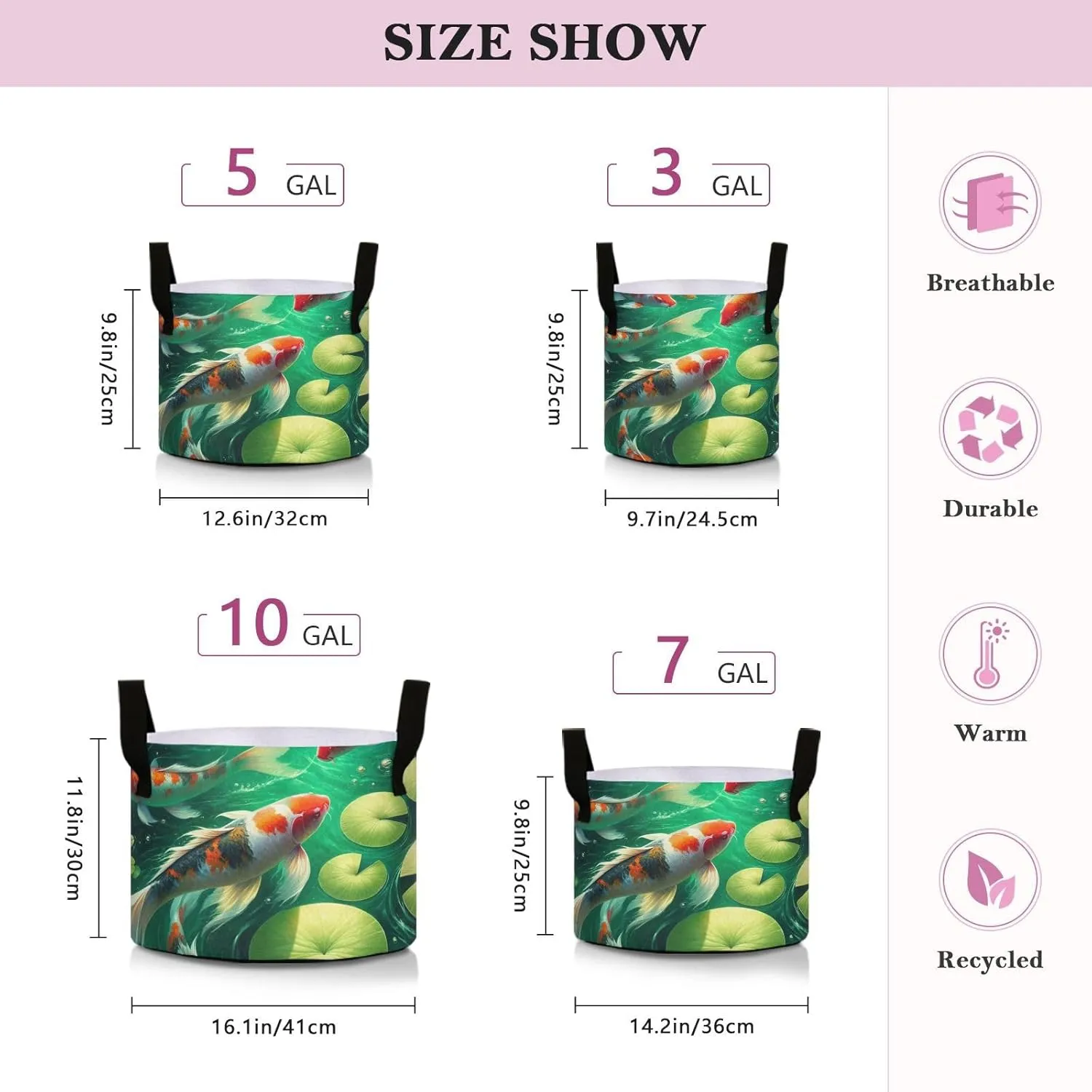Augenstern Planters Pot with Handles Koi-Fish-Under-Water Plant Grow Bag Movable Raised Garden Bed