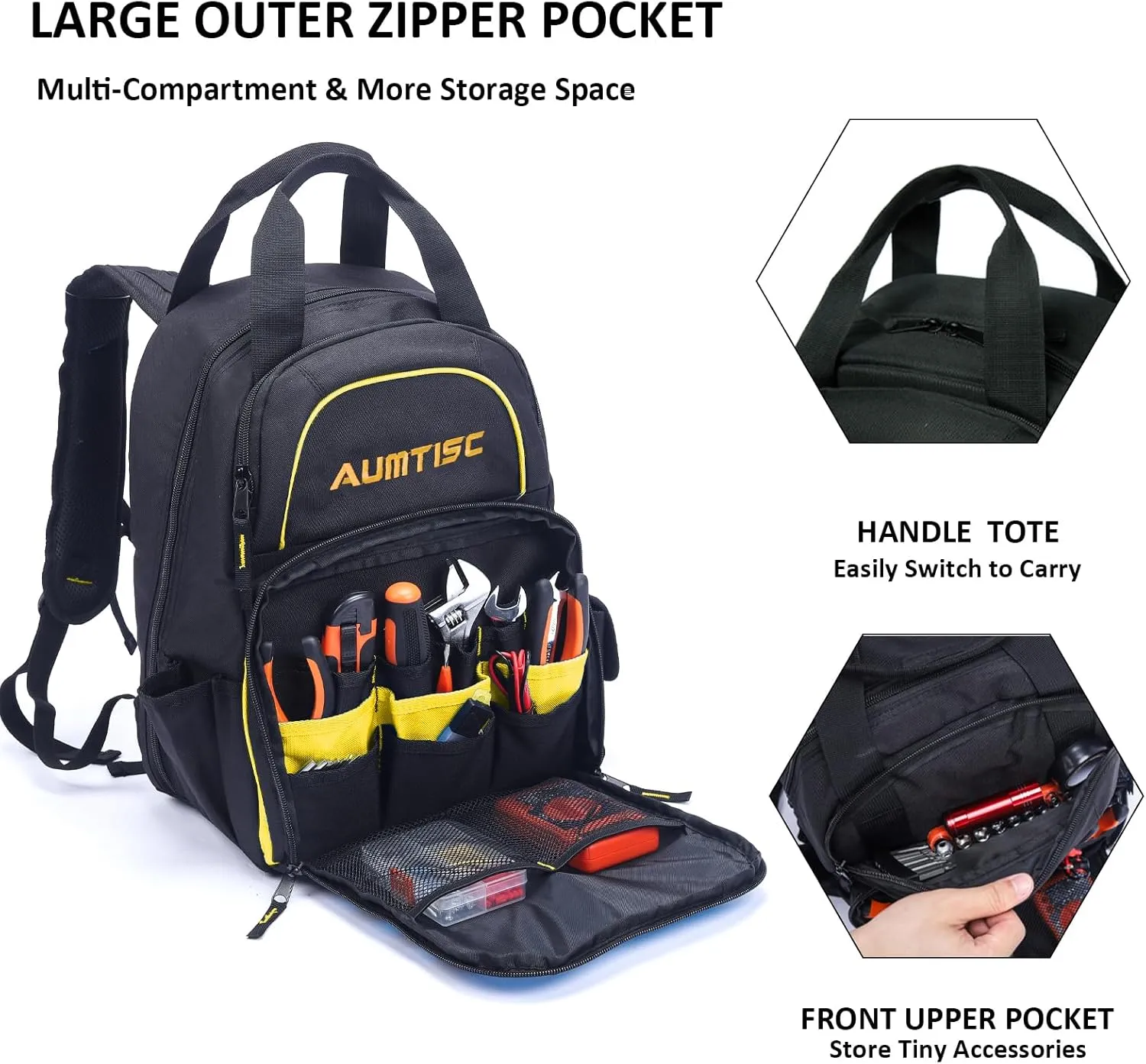 AUMTISC Tool Bag Backpack for Men, Heavy-Duty Tools Storage Organizer Work Bags Backpack for Construction Jobsite, Electrician, Industrial, Repairman, and HVAC Techs, Yellow