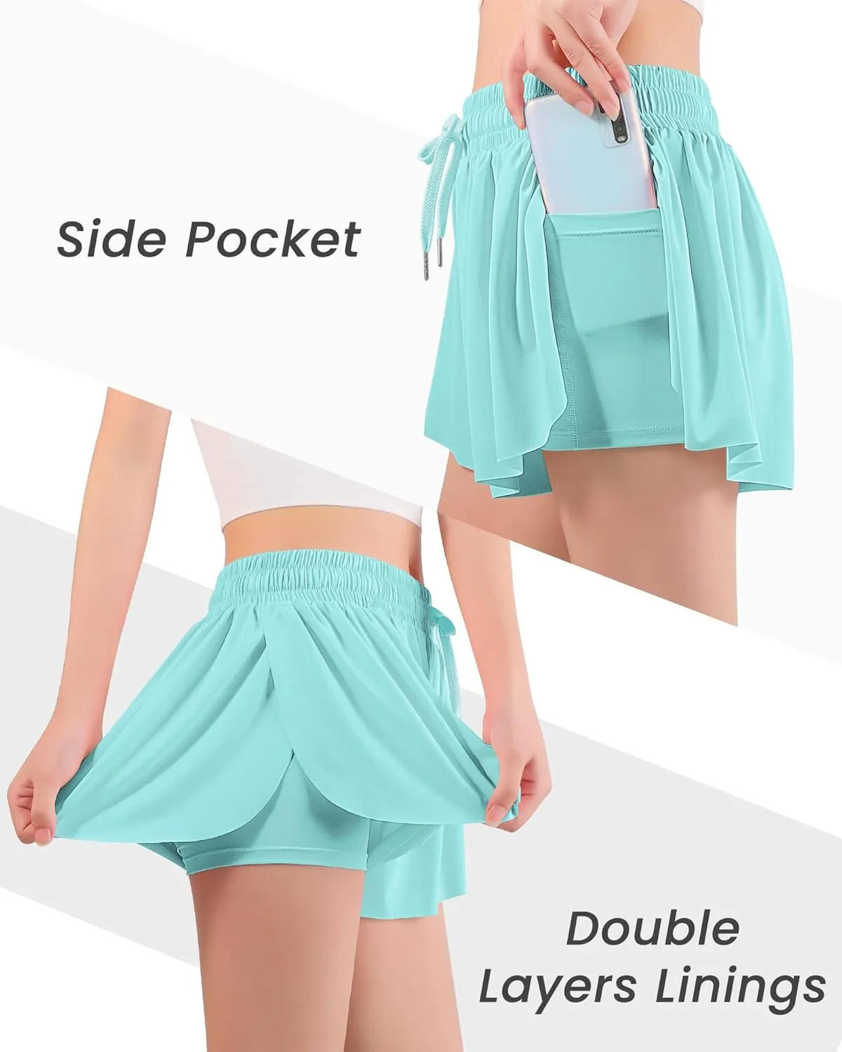 Auranso Girls Butterfly Shorts,Flowy Shorts with Pocket 2-in-1 Athletic Running Gym Preppy Clothes
