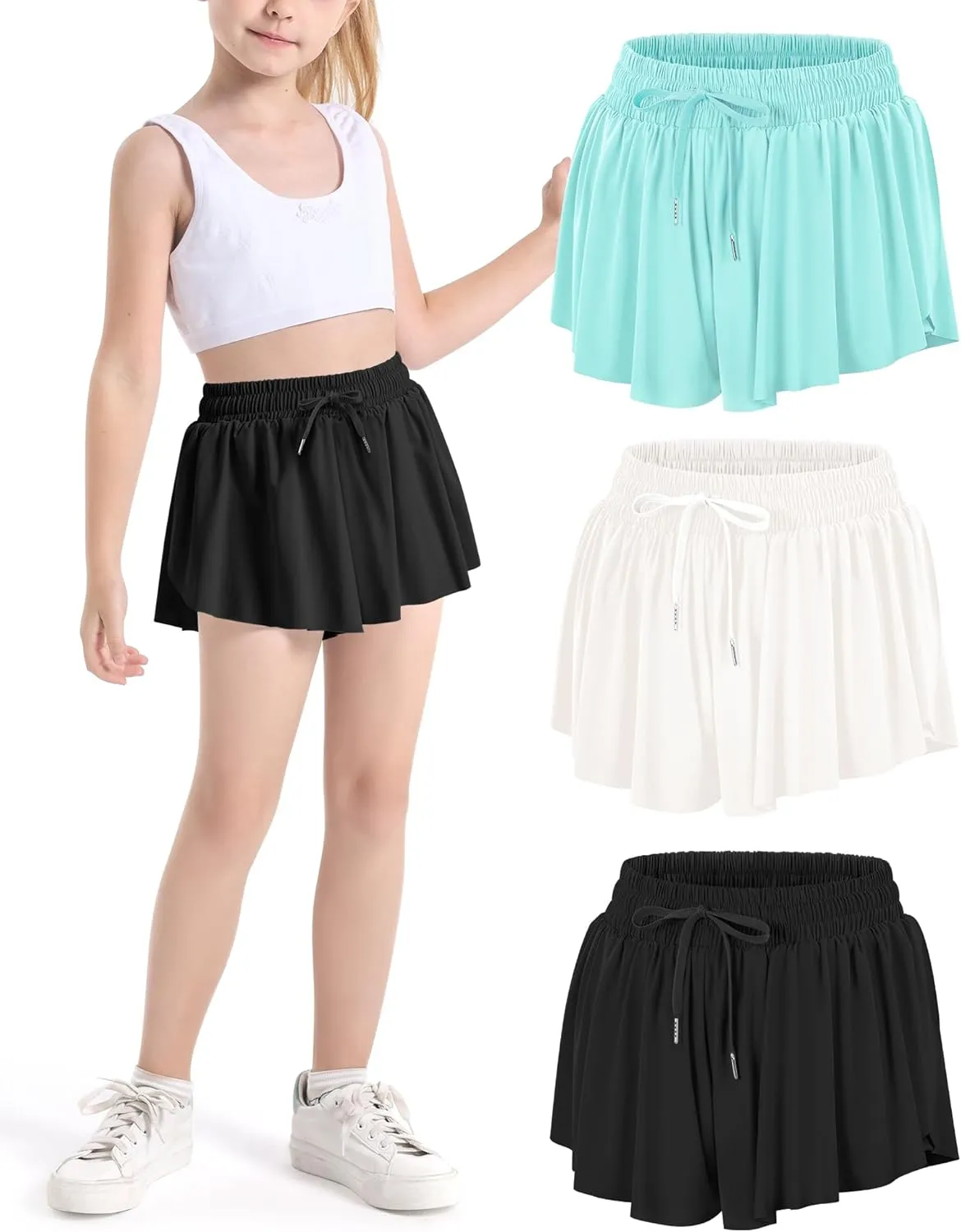 Auranso Girls Butterfly Shorts,Flowy Shorts with Pocket 2-in-1 Athletic Running Gym Preppy Clothes