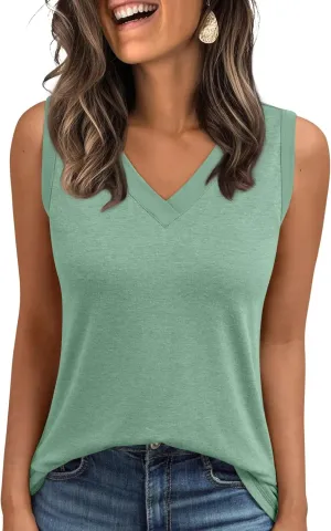 AUTOMET Tank Top Women Summer 2025 Casual Spring V Neck Sleeveless Tee Shirt Basic Trendy Beach Vacation Outfits Clothes
