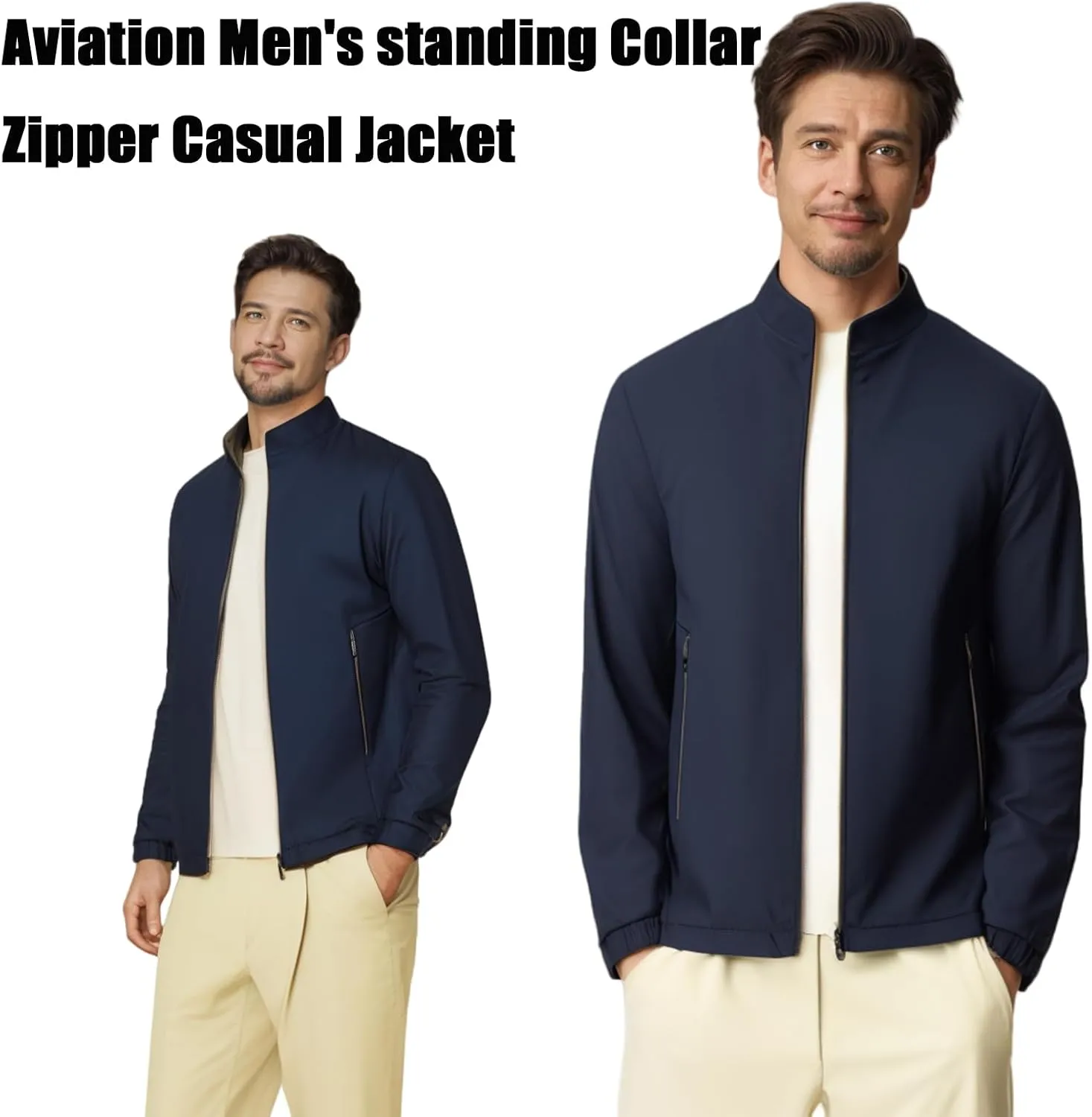 Aviation Men's Standing Collar Zipper Casual Jacket, Lightweight Windbreaker Jackets with Pocket Casual Work Outwear